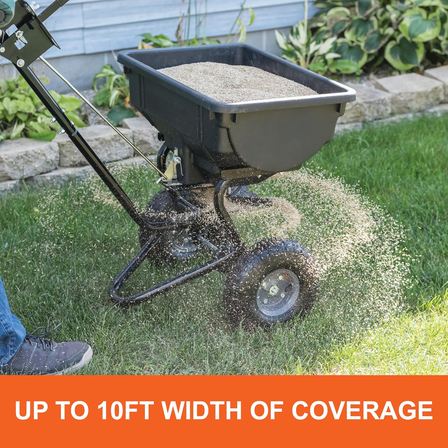 Push Spreader Pro for Seed, Fertilizer and Lawn Care, 85 lb Capacity with 10 Ft Spread Width and Pneumatic Tires