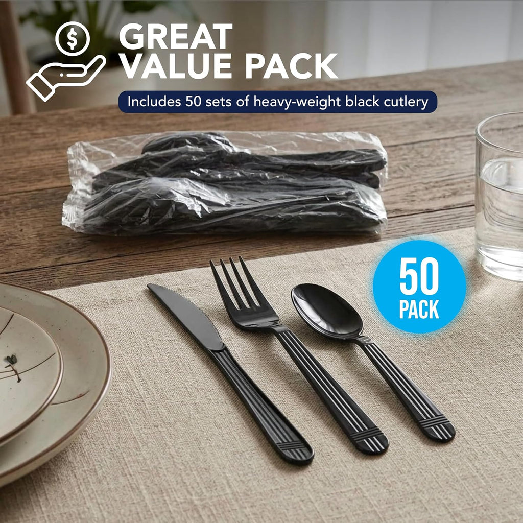 Individually Wrapped Heavy Duty Plastic Utensil Kits, 50 Sets for Party Catering, Fork/Spoon/Knife, Black