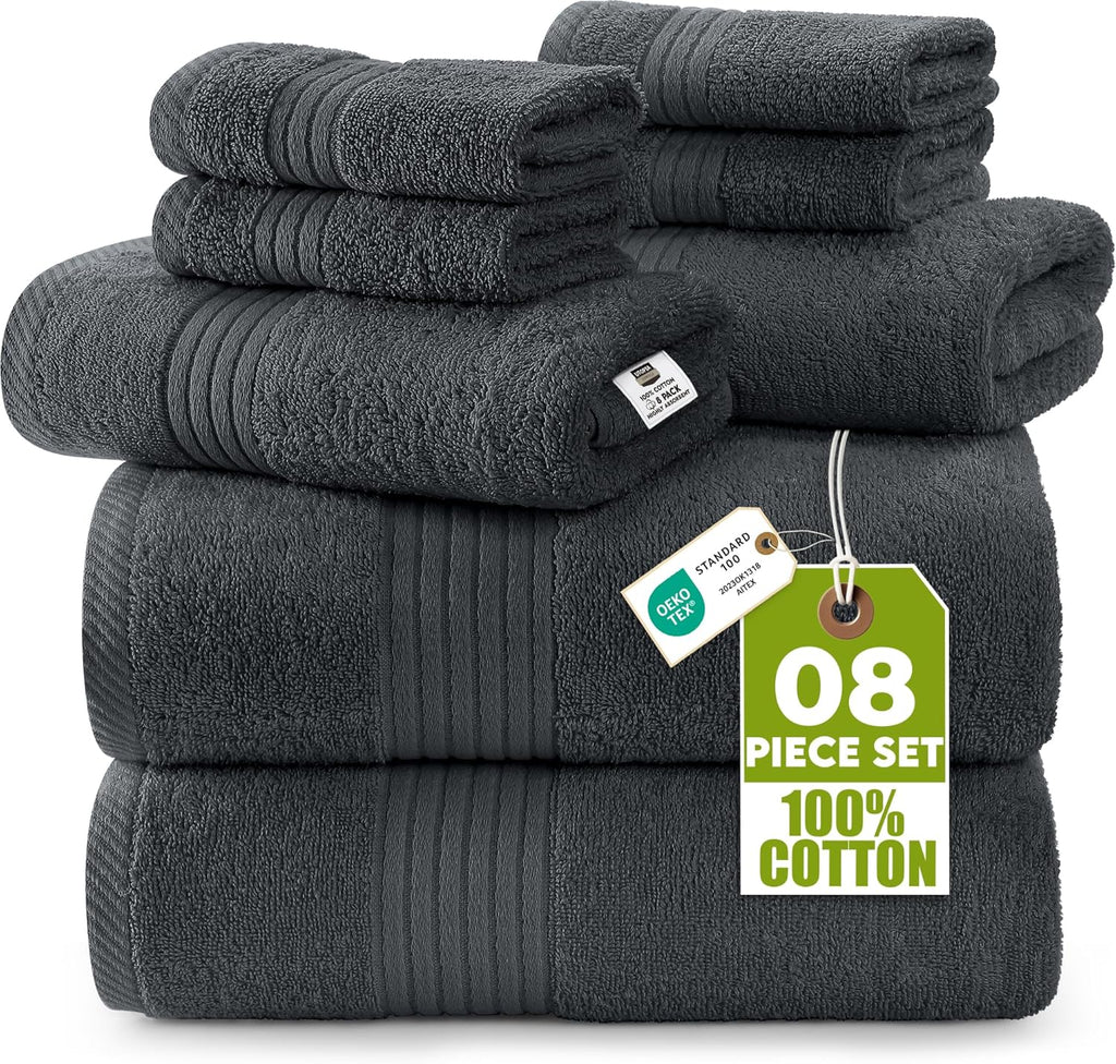 8 Piece Premium Towel Set, 2 Bath 2 Hand 4 Wash, Grey | Premium Lightweight Ring Spun Cotton Hand Towels - Highly