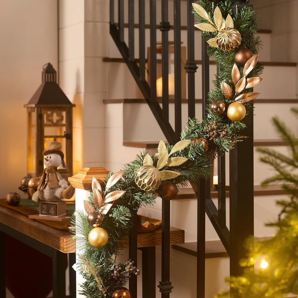 9 Ft Pre-Lit Christmas Garland with Lights for Mantle, Lighted Outdoor Xmas Garland with Copper Gold Balls Norfolk