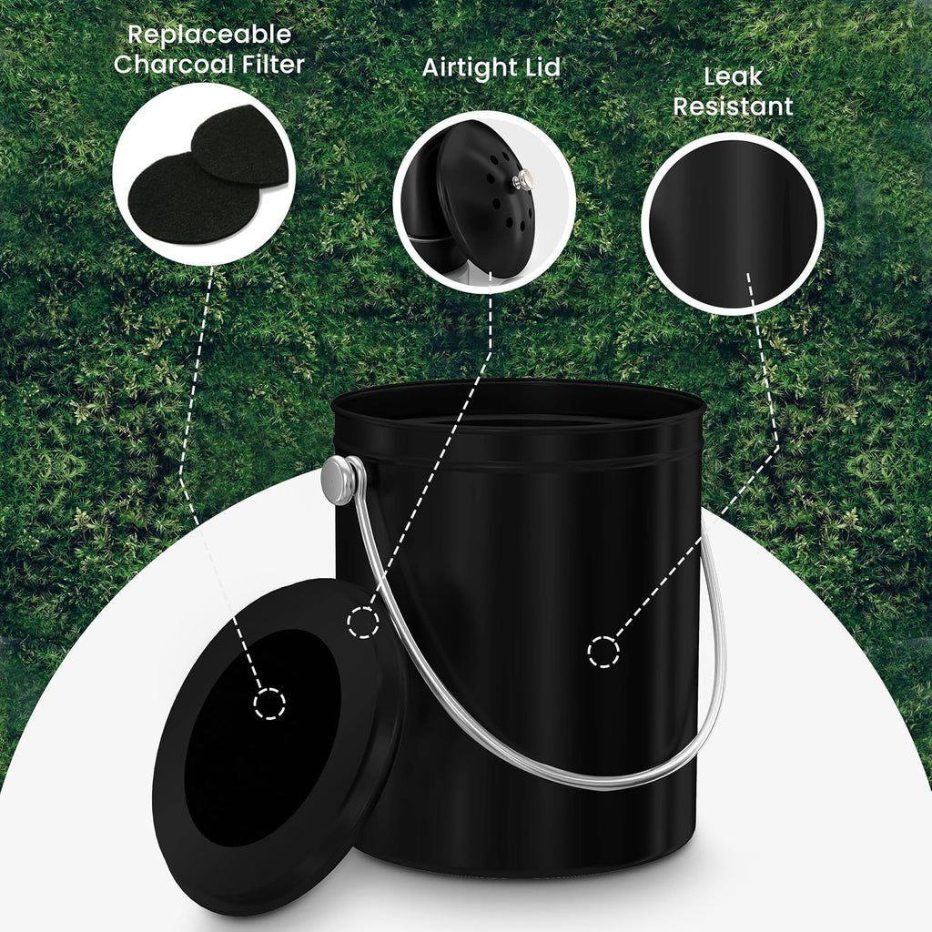 Countertop Compost Bin 1.3 Gallon, Stainless Steel, Black | Odorless countertop compost bin with charcoal filter
