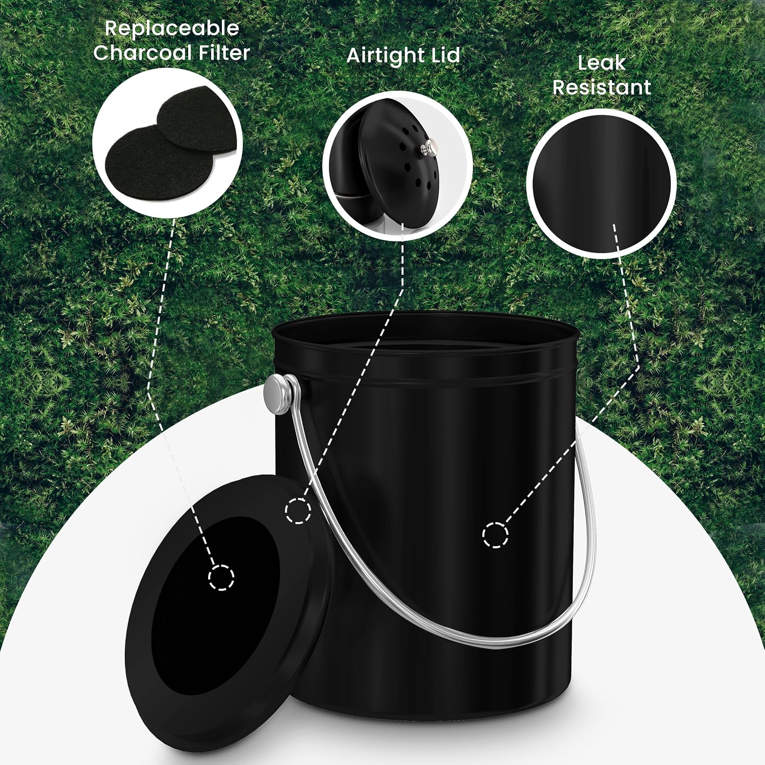 Countertop Compost Bin 1.3 Gallon, Stainless Steel, Black | Odorless countertop compost bin with charcoal filter