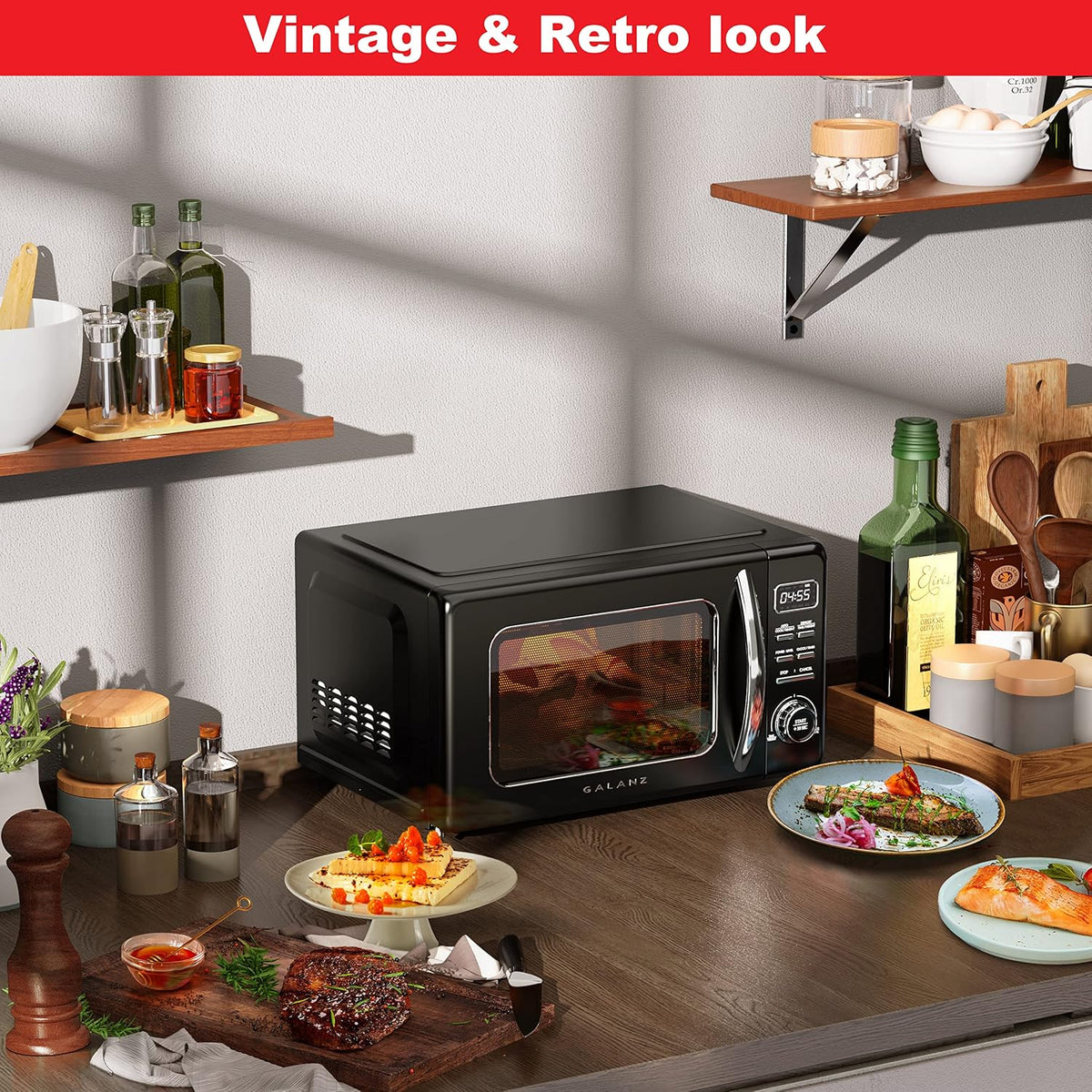 GLCMKZ09BKR09 Retro Countertop Microwave Oven with Auto Cook & Reheat, Defrost, Quick Start Functions, Easy Clean