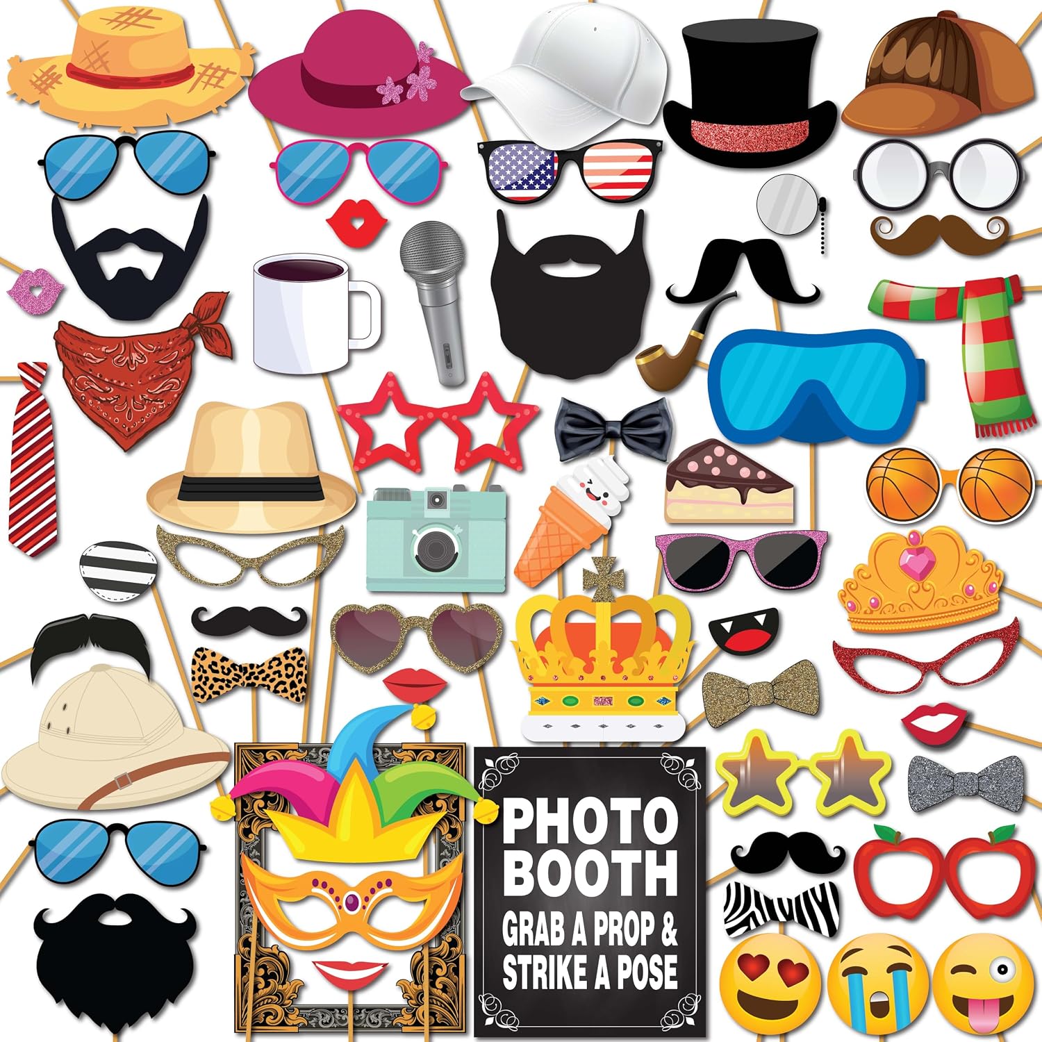 Party Photo Booth Props - 60-pc Photobooth Kit with 8 x 10-Inch Sign, 60 Adhesive Pads, 45 Sticks - Photobooth Props