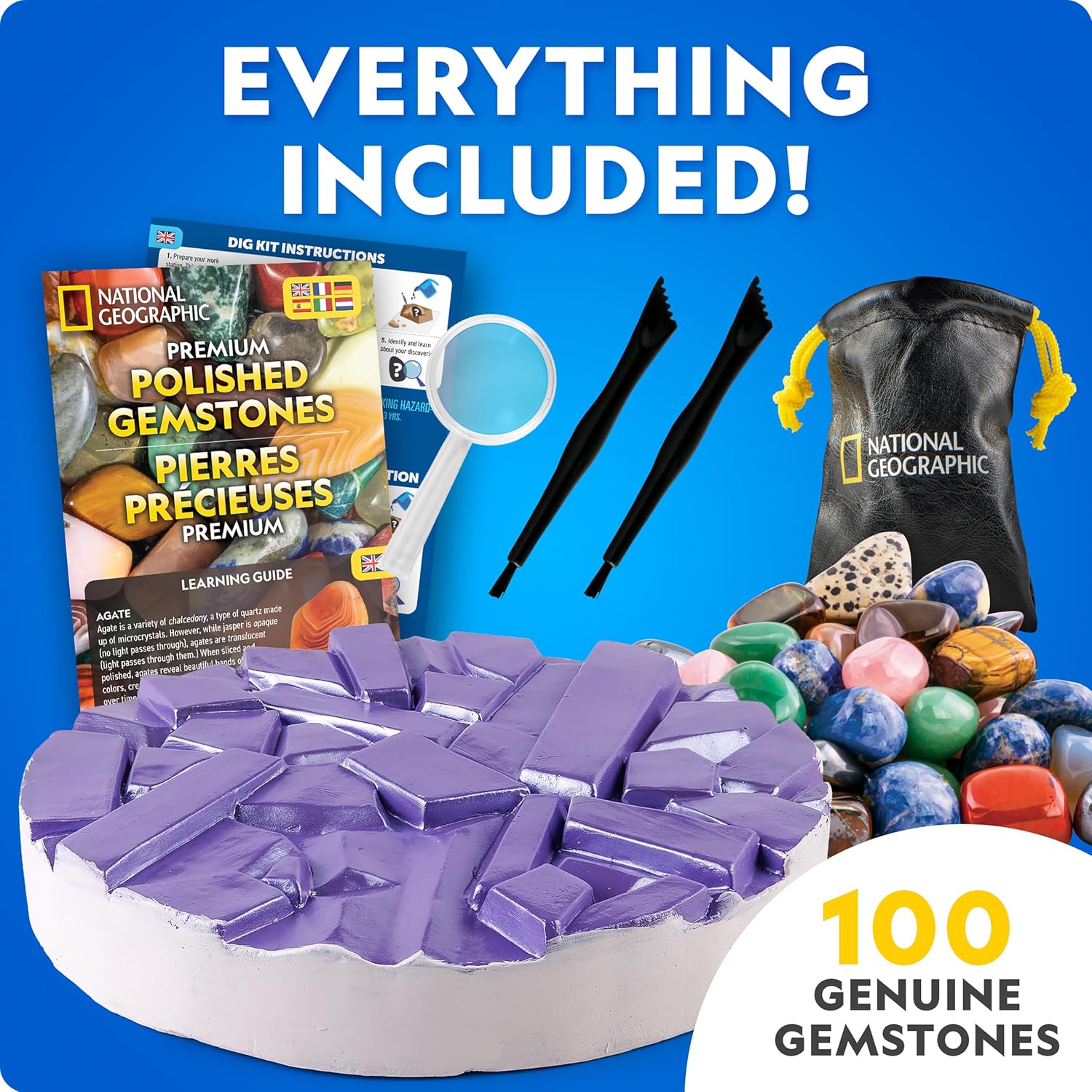 National Geographic Gigantic Gemstone Dig Kit with 100 Real Gems | Giant Dig Brick, Amethyst Quartz and Tiger's Eye