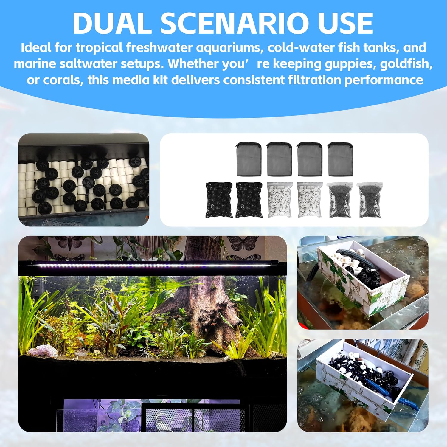 Aquarium Filter Media Double Pack,Activated Carbon,Bio Balls&Ceramic Rings | Fit Most Aquarium Filter Systems for