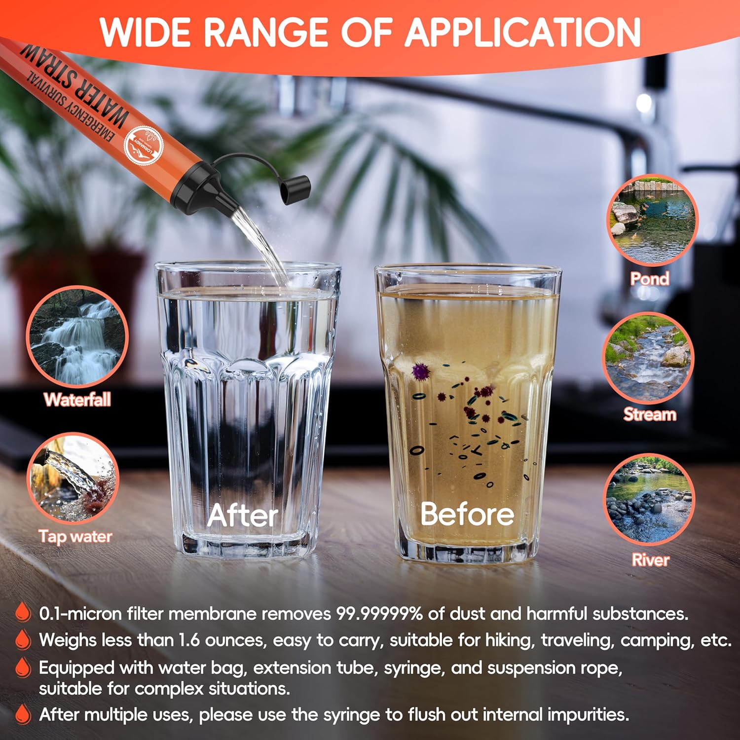 Straw Water Filter 5 Pack – Outdoor Camping & Hiking Survival Gear Kit for Family Use, Ultra-Light Personal Filter