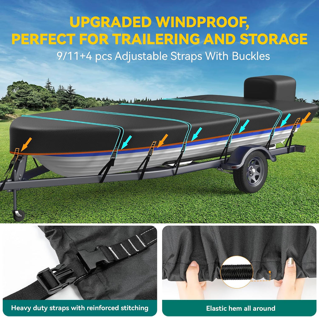 Heavy Duty 5 Layers 1200D Jon Boat Cover 14ft - 16ft with Motor Cover | 100% Waterproof Trailerable Jon Boat Covers