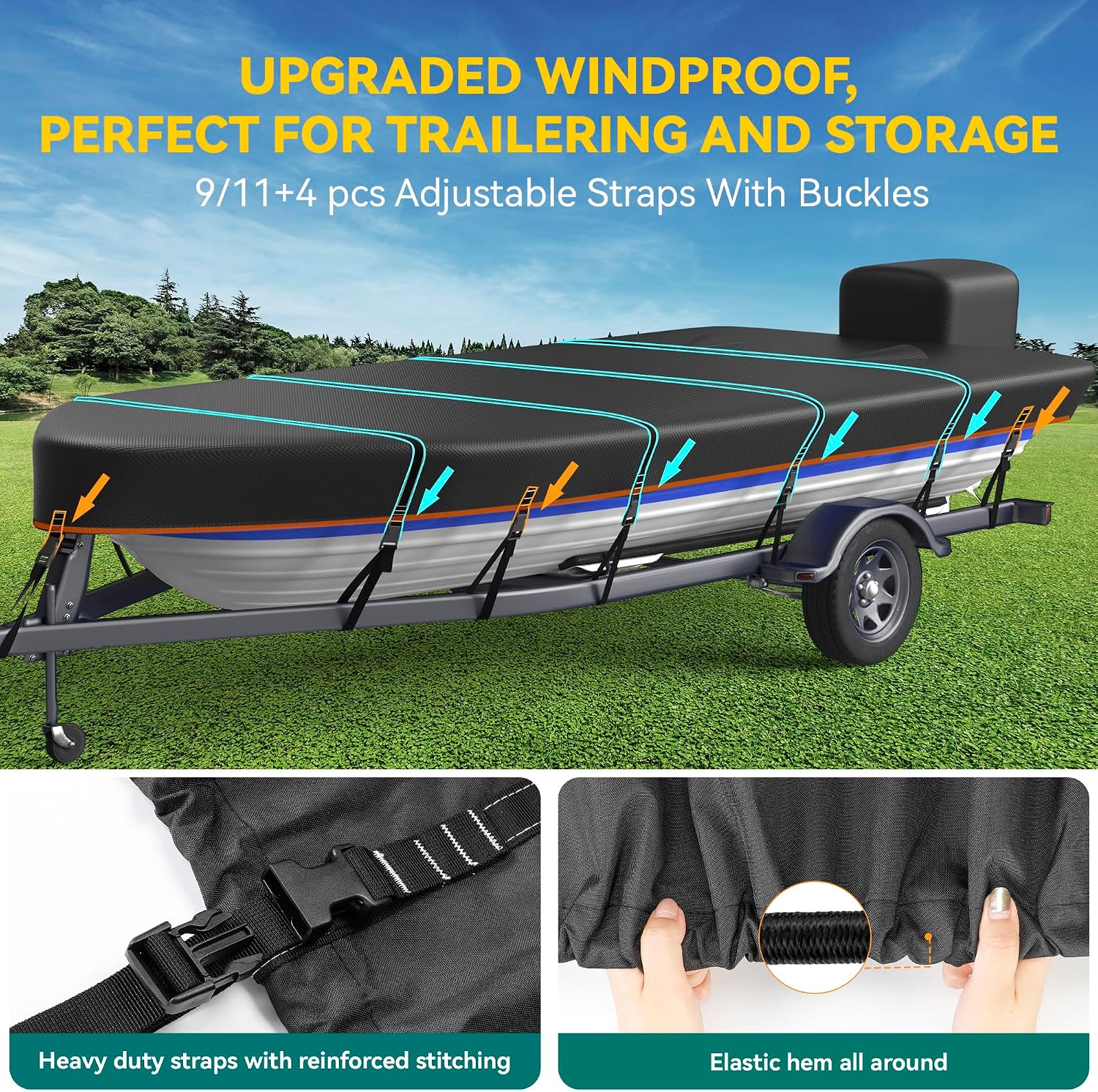 Heavy Duty 5 Layers 1200D Jon Boat Cover 14ft - 16ft with Motor Cover | 100% Waterproof Trailerable Jon Boat Covers