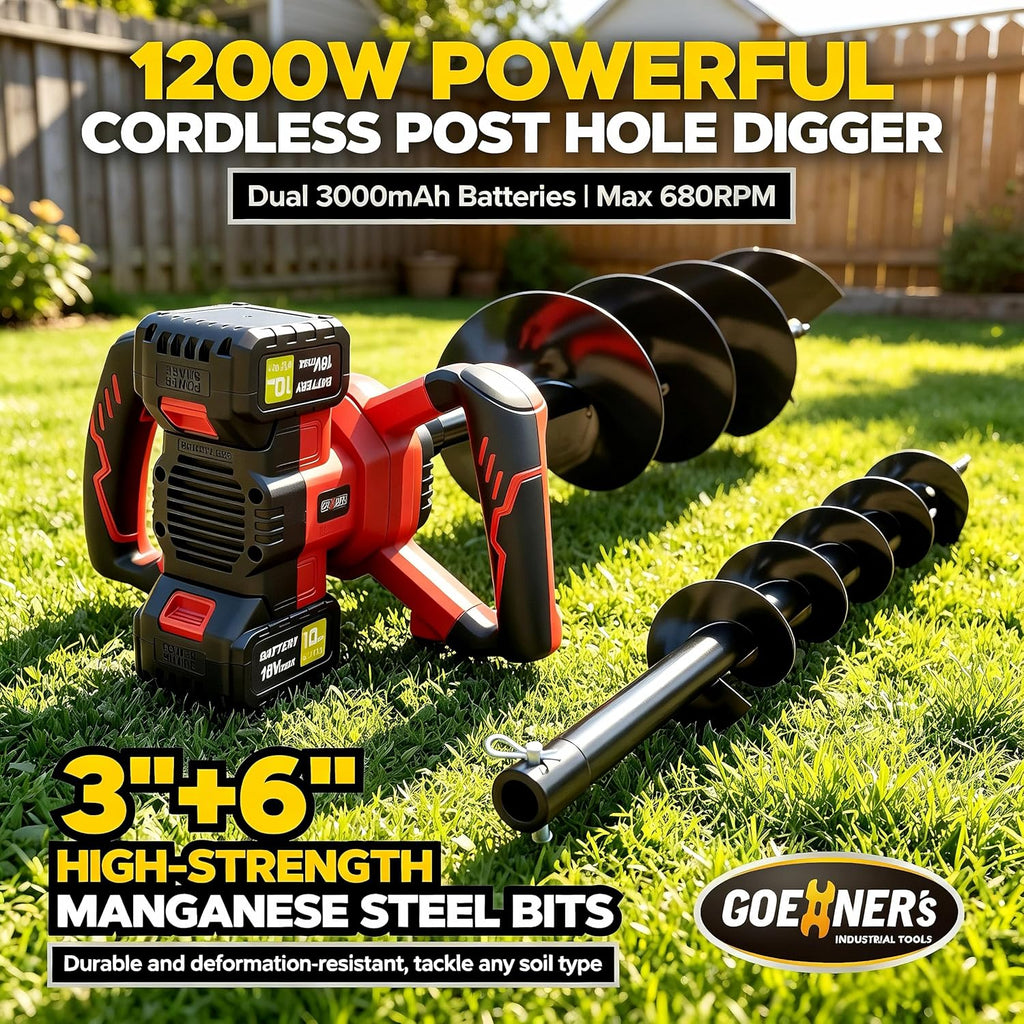 42V Cordless Auger Post Hole Digger, Post Hole Auger with 3" & 6" Drill Bits + Extension Rod, 2 Batteries, Electric