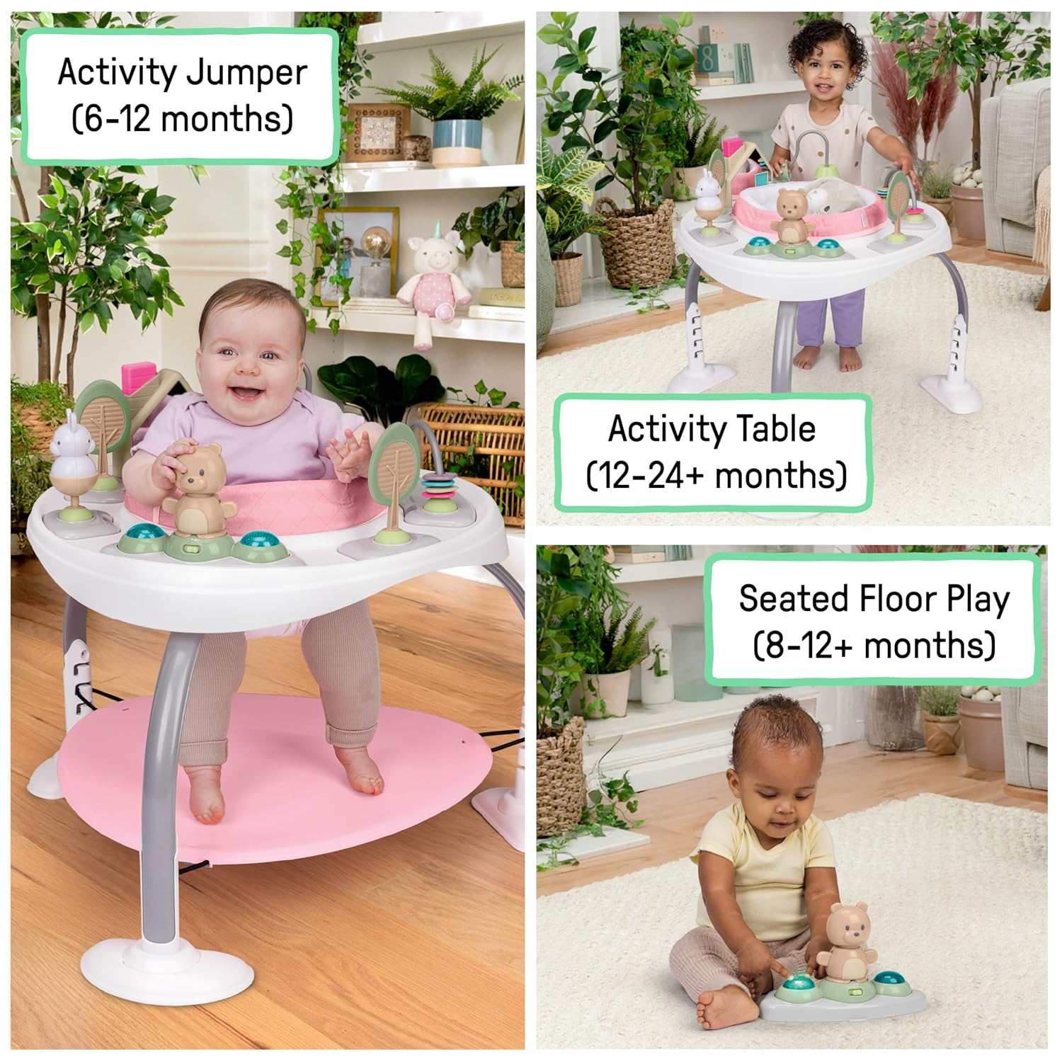 Spring & Sprout 2-in-1 Baby Activity Center Jumper and Table with Infant Toys - Ages 6 Months +, First Forest in Pink