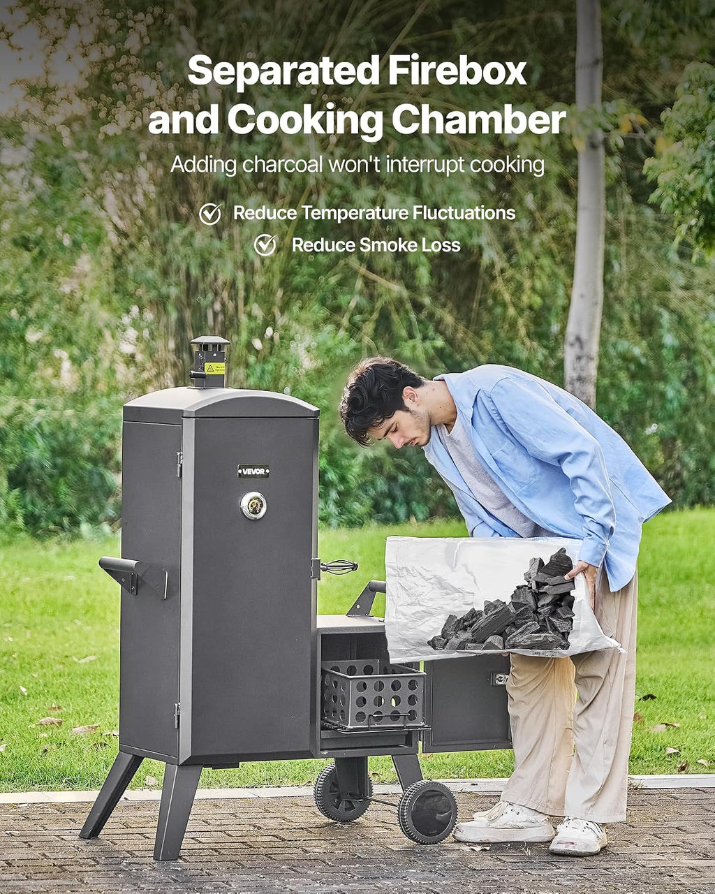 Charcoal Offset Smoker, Heavy-Duty Steel BBQ Offset Smoker with Side Firebox, Movable Outdoor Barbecue Smokers with 6