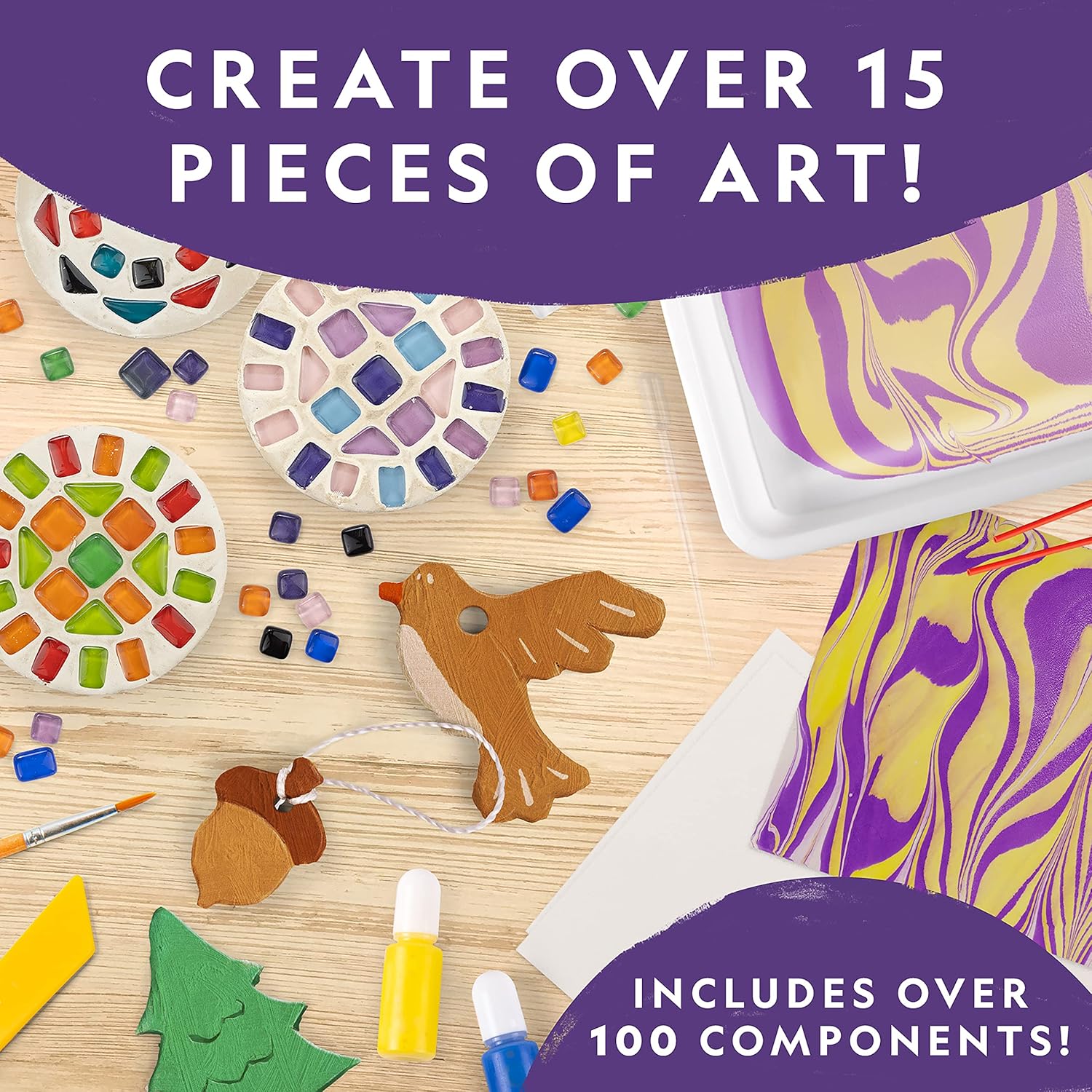 NATIONAL GEOGRAPHIC Mega Arts and Crafts Kit for Kids – Mosaic Kit, Marbling Paint Kit & Air Dry Clay Pottery Kit –