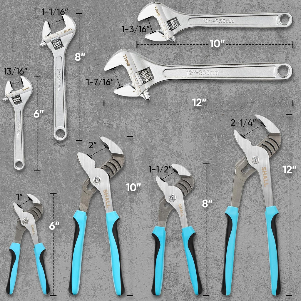 8-Piece Adjustable Wrench & Water Pump Pliers Set, 12/10/8/6 Inch, 4Pcs Adjustable Tongue and Groove Joint Pliers and
