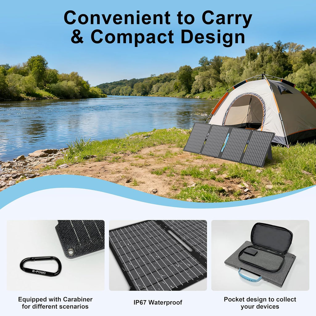 60W Portable Solar Panels for Camping, IP67 Foldable Small Solar Charger | Waterproof Solar Panel kit with USB-C