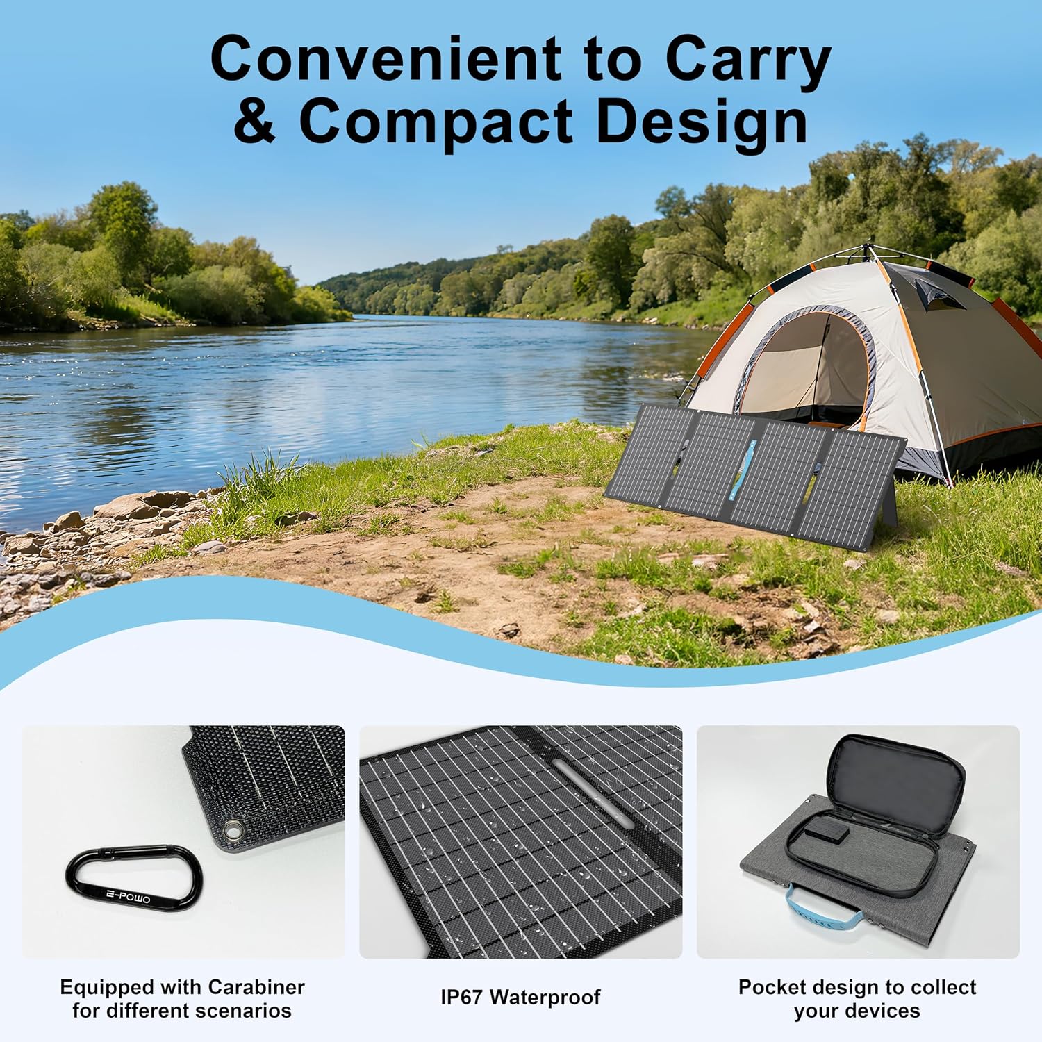 60W Portable Solar Panels for Camping, IP67 Foldable Small Solar Charger | Waterproof Solar Panel kit with USB-C