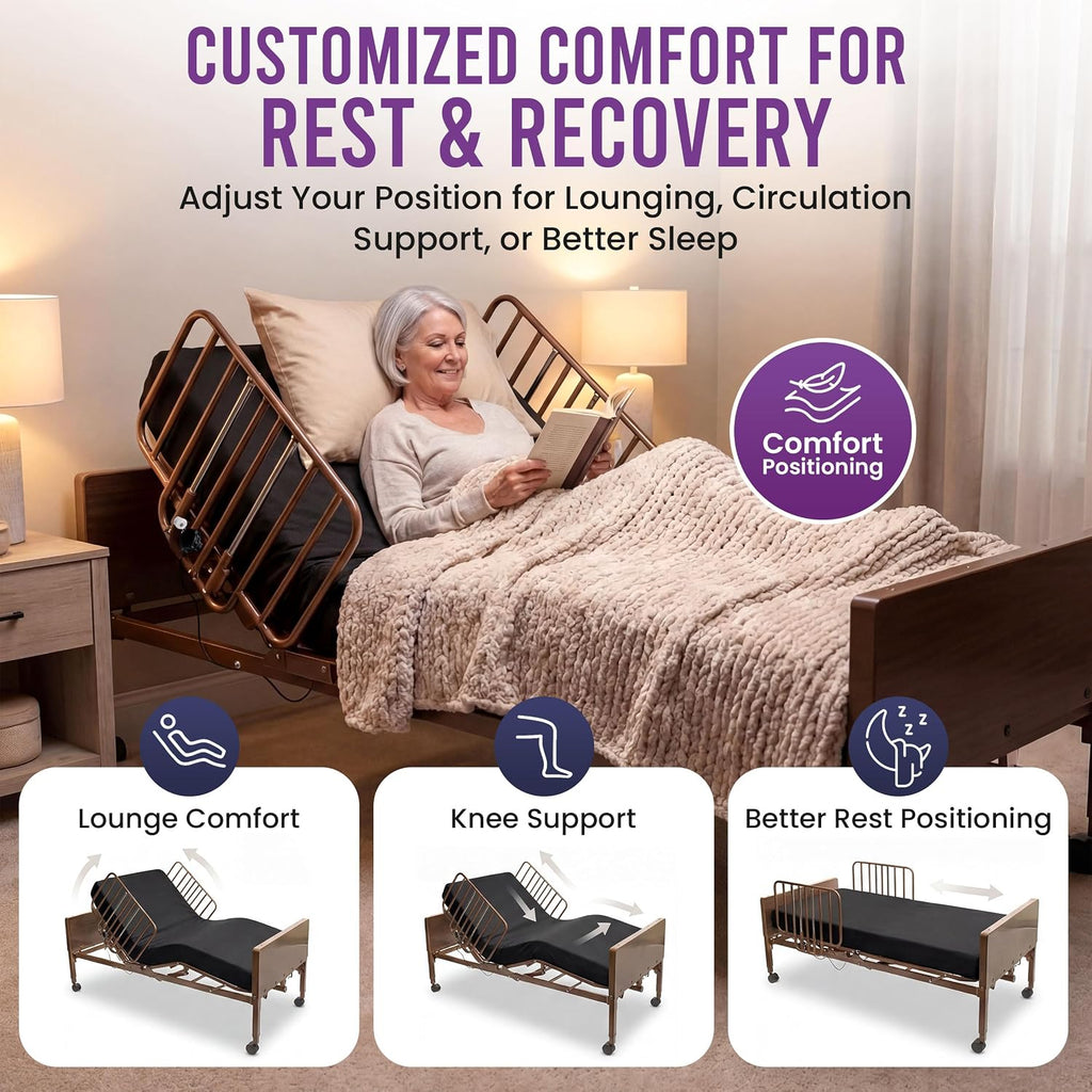 Full Electric Hospital Bed Package (Full Electric Home Hospital Bed Package w/Foam Mattress, Half Rail Set)