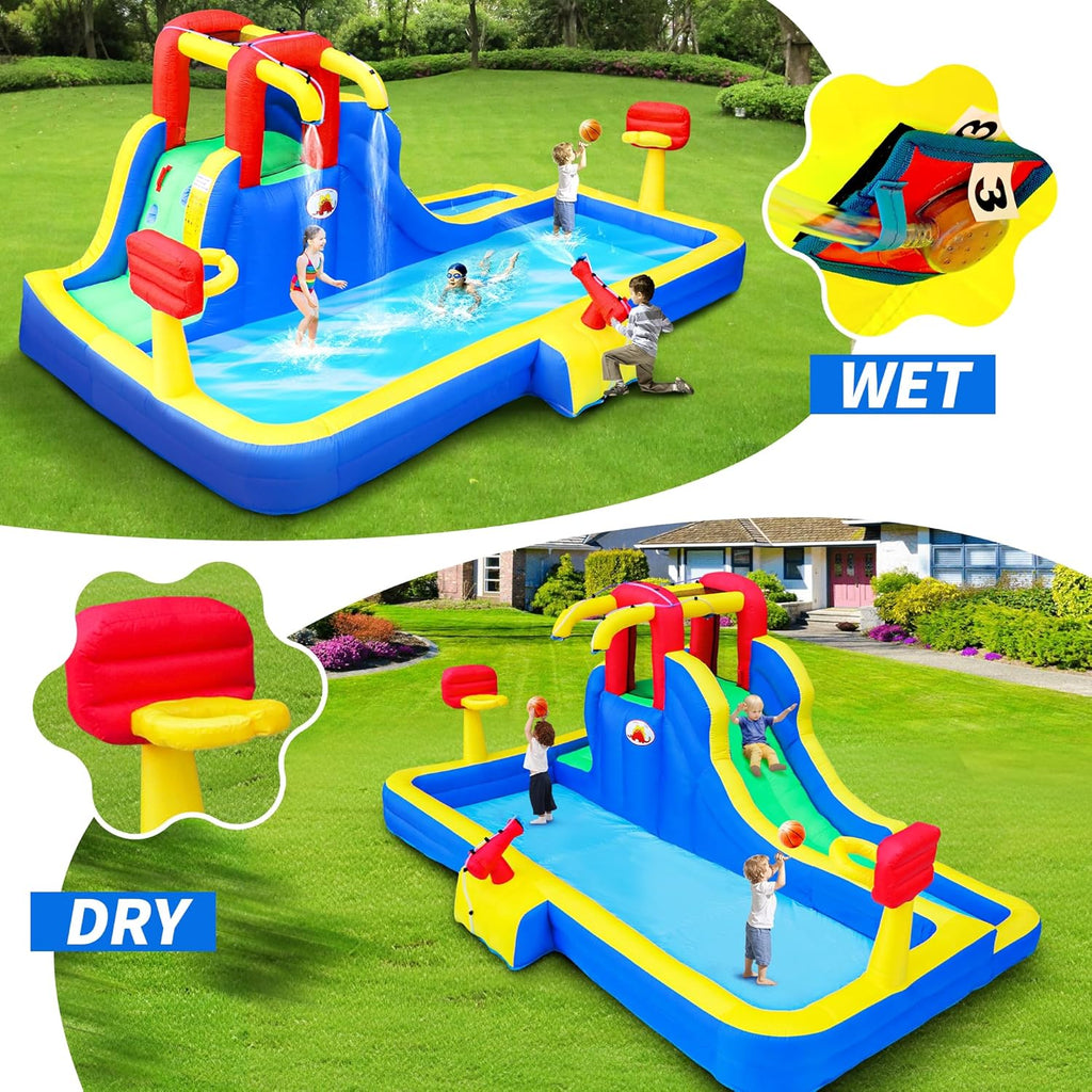 Inflatable Water Park with Blower, Bouncy Castle with Water Cannon and Double Basketball Rings