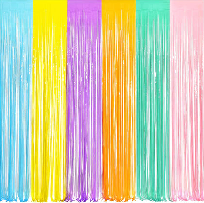 Tinsel Foil Fringe Curtains - 2Pcs 3.2x8.2ft Pastel Colourful Photo Backdrop for Christmas New Years Birthdays Easter