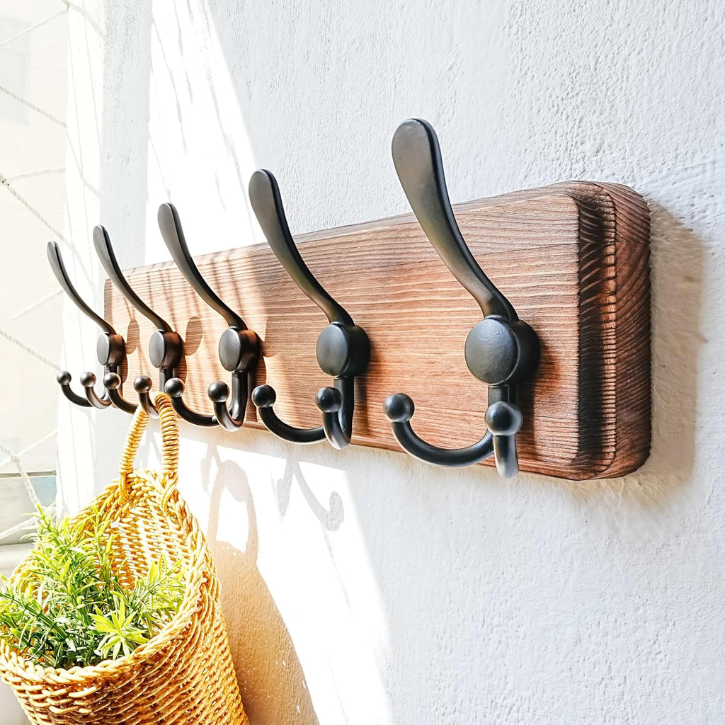 Coat Rack Wall Mounted - 5 Tri Hooks, Heavy Duty, Wooden Wall Coat Hanger Coat Hook for Clothes Hat Jacket Clothing