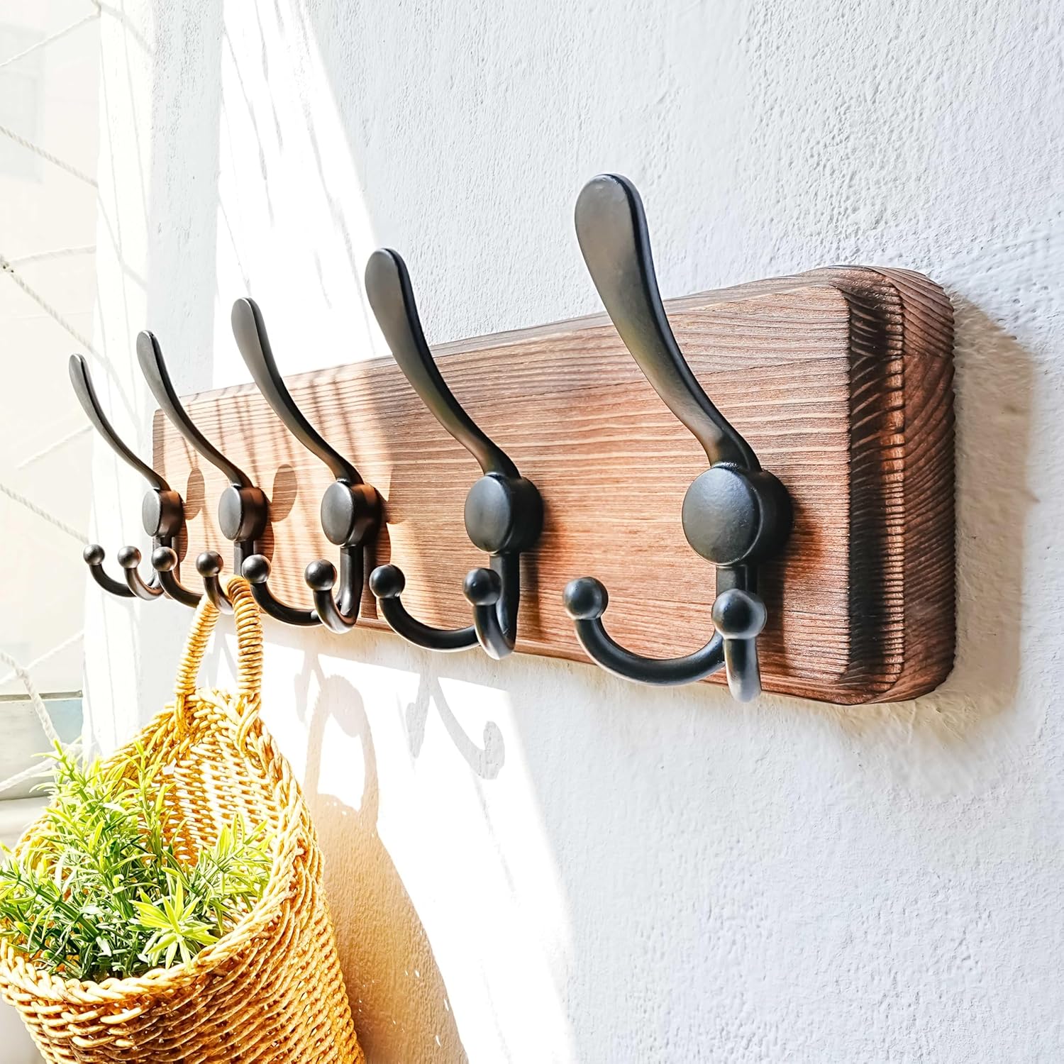 Coat Rack Wall Mounted - 5 Tri Hooks, Heavy Duty, Wooden Wall Coat Hanger Coat Hook for Clothes Hat Jacket Clothing