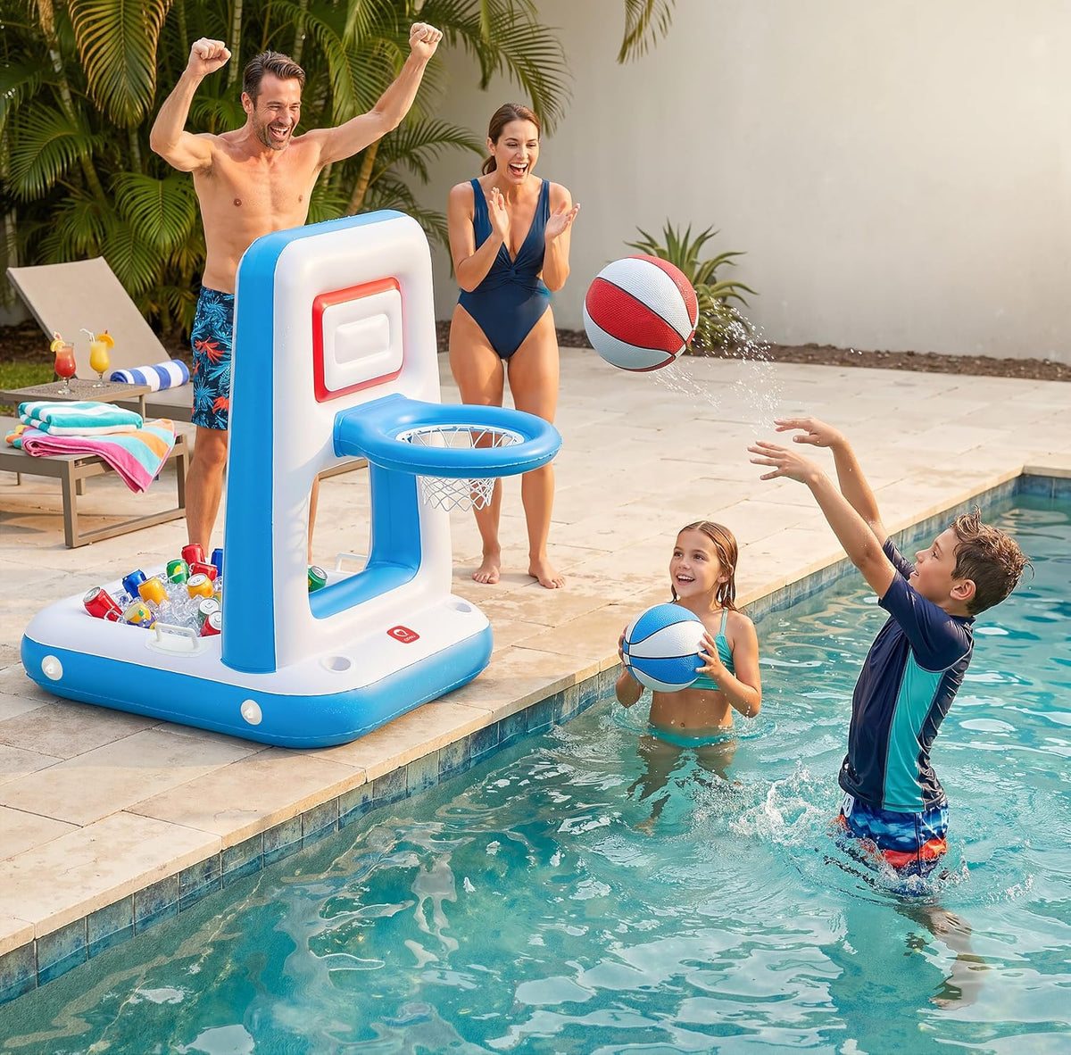 Pool Basketball Hoop with Built-in Cooler, 42" Poolside & Floating Inflatable Basketball Hoop for Family Pool Party —