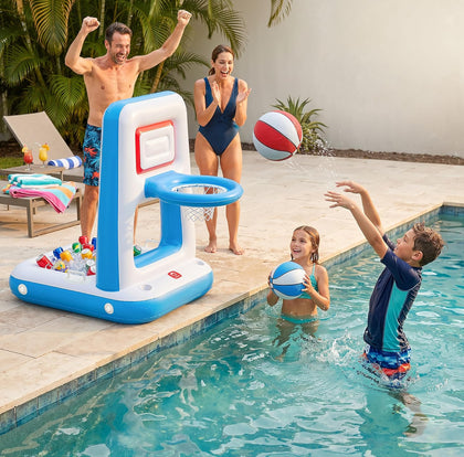 Pool Basketball Hoop with Built-in Cooler, 42" Poolside & Floating Inflatable Basketball Hoop for Family Pool Party —