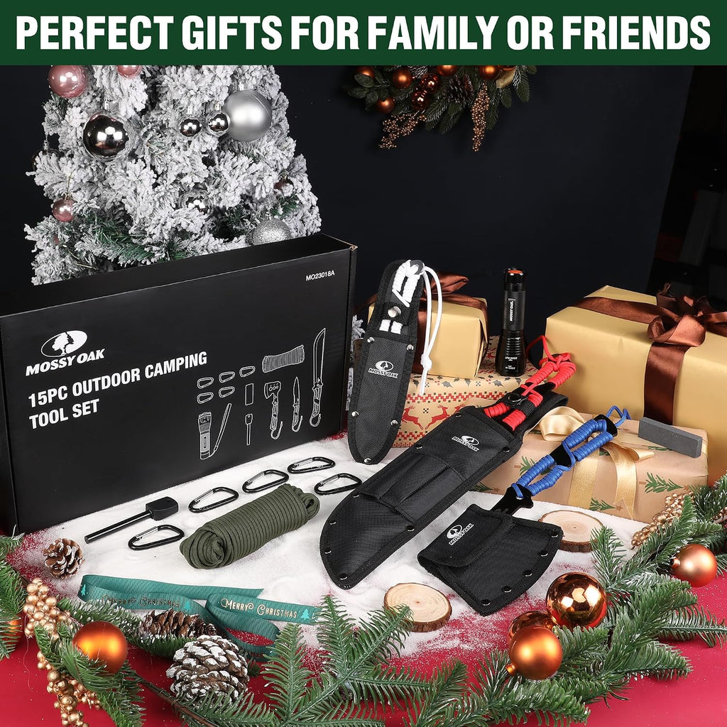 Hatchet and Machete Knife Set with Sheath | One-Piece Axe & Hunting Knives, Paracord Handle, Zoomable Flashlight &