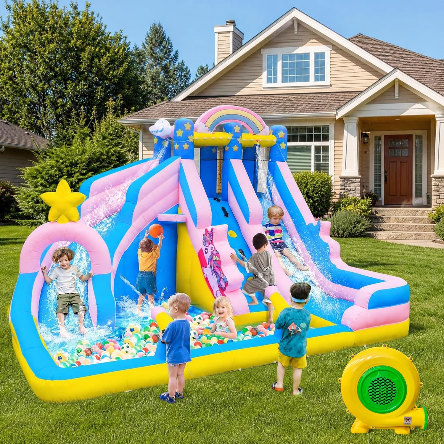6 in 1 Inflatable Water Slide Bounce House for Kids Backyard | 550W Blower, 840D Oxford, Inflatable Water Park