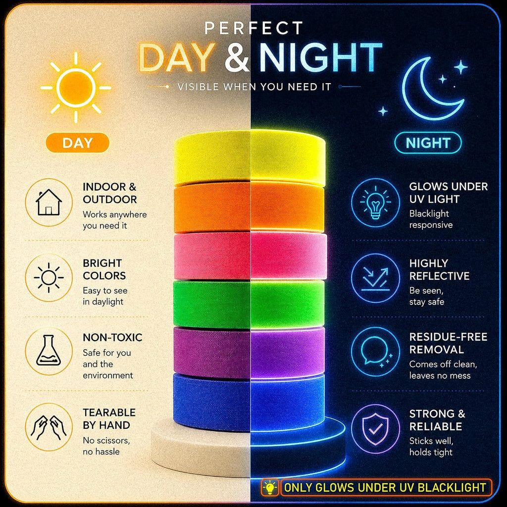 6-Pack Neon Gaffer Tape - 0.6 or 1 inch UV Blacklight Reactive Glow in The Dark Tape, Best for Parties, Dance Floors