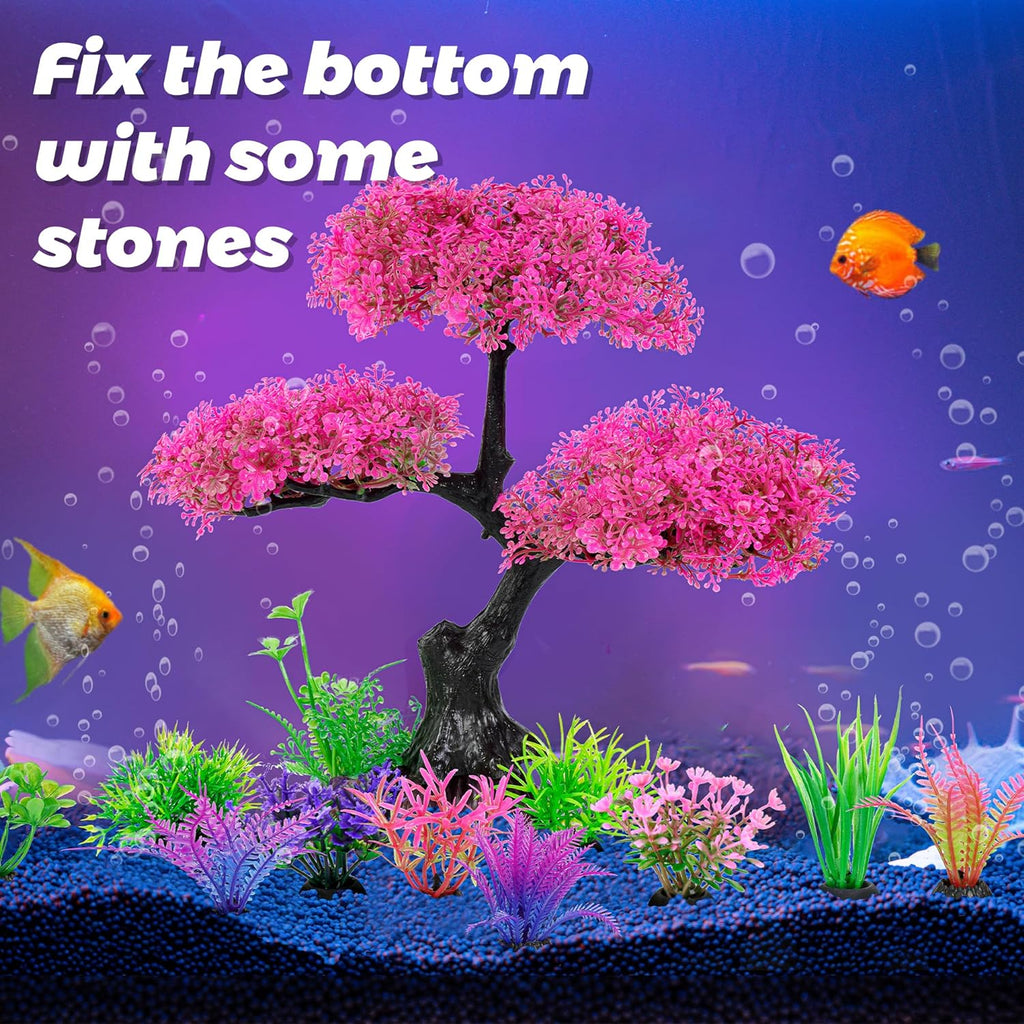 Pink Artificial Plastic Tree Aquarium Plants Decor Set, 11PCS | Soft Cherry Blossom Tree Fish Tank Decorations, Betta