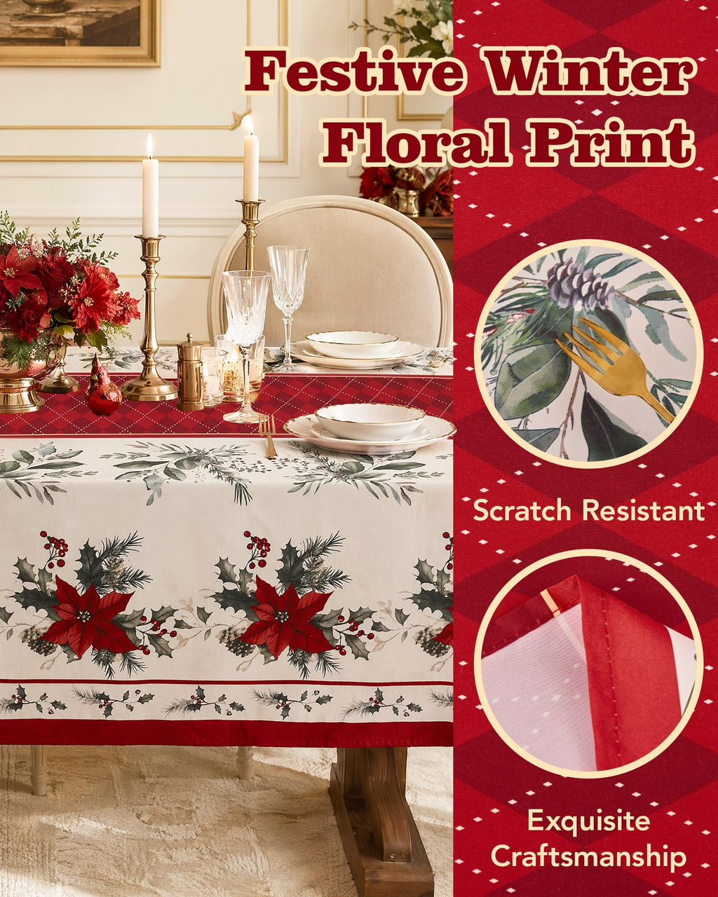 Christmas Tablecloth Rectangular, Holiday Dining Decor, 60x84 Inch