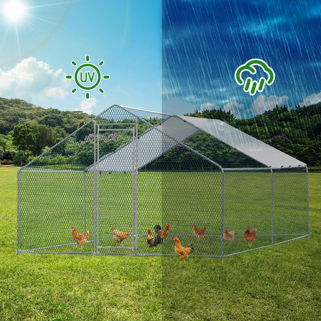 Chicken Coop, 13×10 FT Large Metal Chicken House, Poultry Habitat Cage with Waterproof Cover, Walk-in Chicken Run Pen