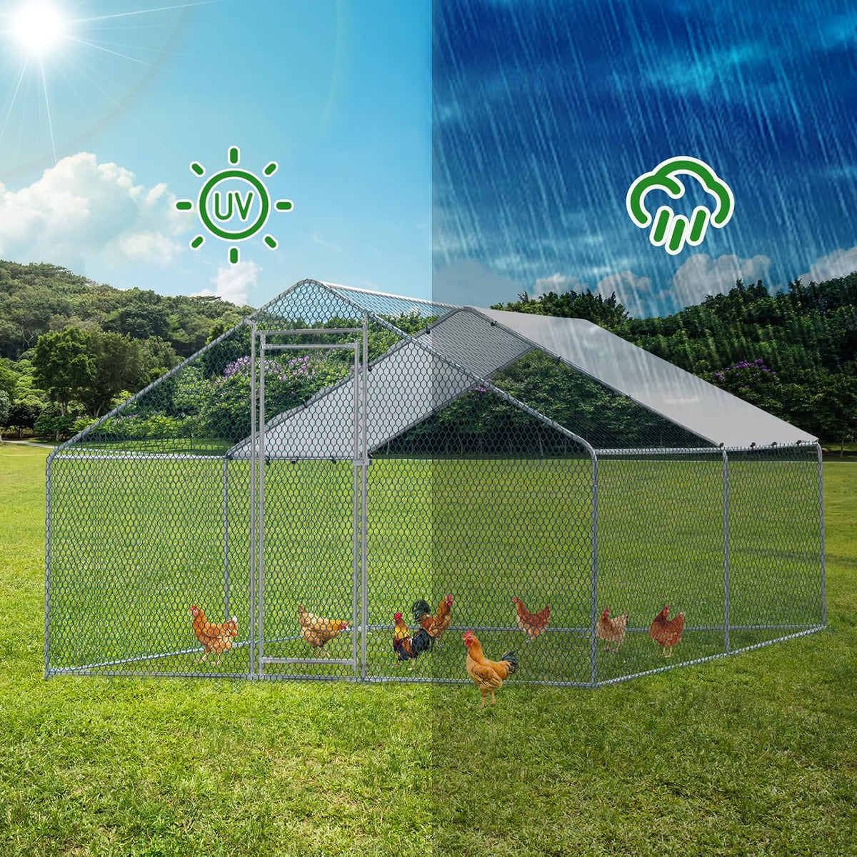 Chicken Coop, 13×10 FT Large Metal Chicken House, Poultry Habitat Cage with Waterproof Cover, Walk-in Chicken Run Pen