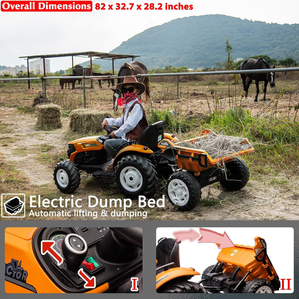 24V Ride On Tractor with Electric Trailer 2WD Ride On Toy Car for Big Kids 6+, Remote Control, Extra Large EVA