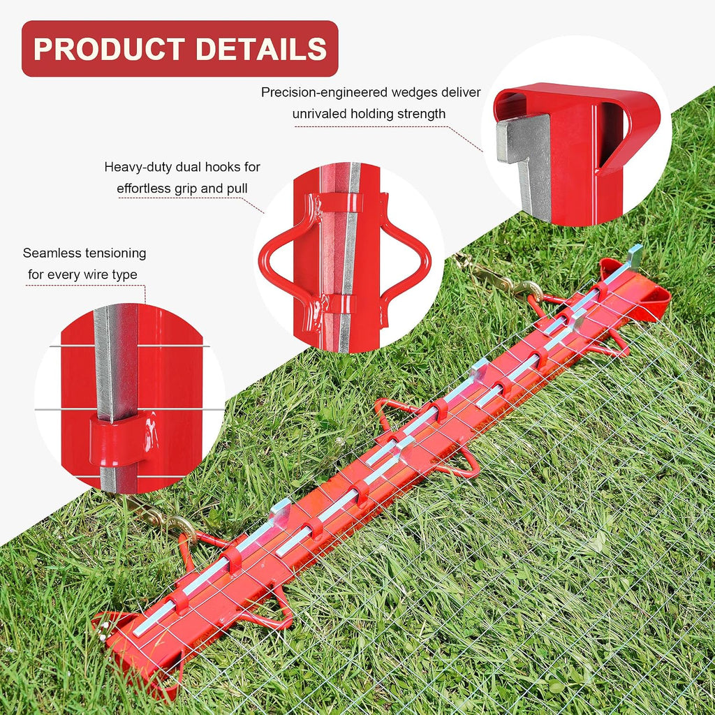 6ft Woven Wire Fence Stretcher Bar with 7 Wedges, Heavy-Duty Carbon Steel Fence Stretcher Tool Wire Puller, Red