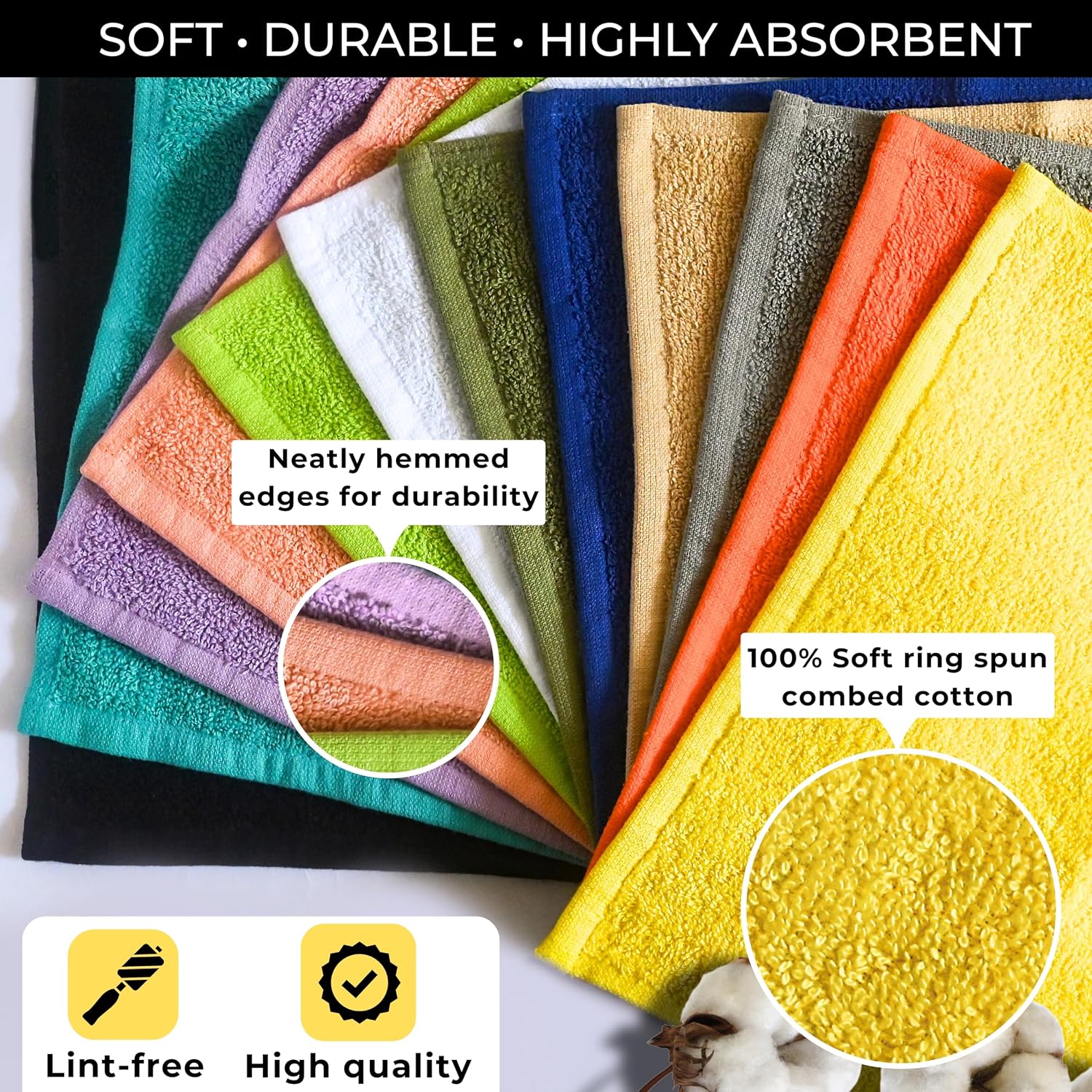 100% Cotton Wash Cloths for Showering Body and Face - 12"X12" Set of 12 Washcloths Variety Colors Pack - Small Terry