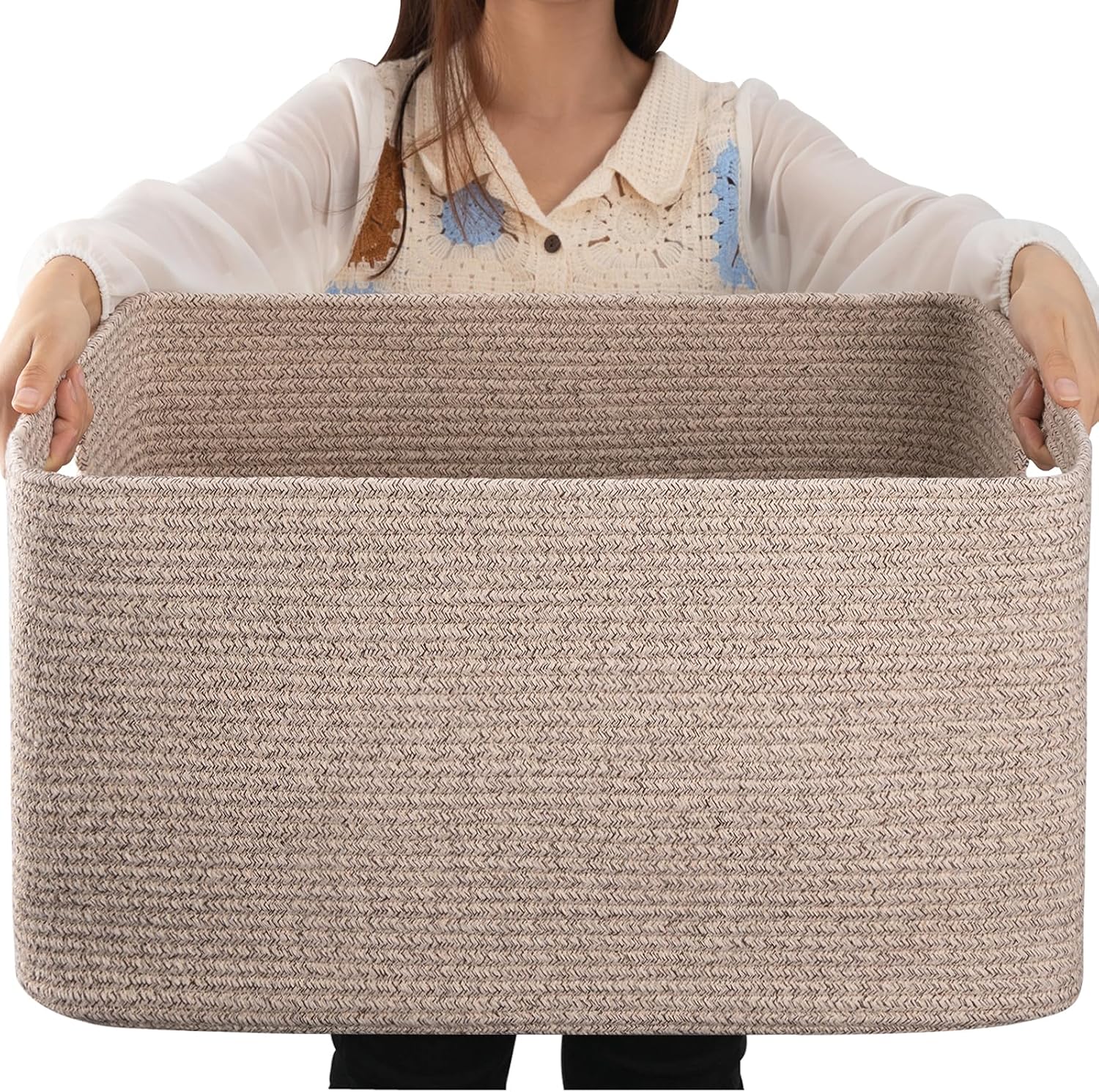 75L Large Woven Cotton Rope Storage Basket with Handle for Organizing Blanket and Toys for Living Room, Nursery