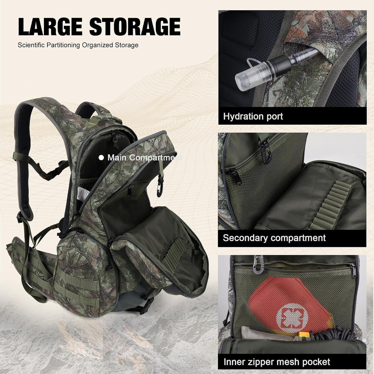 40L Camo Hunting Backpack for Bow Rifle Gun，Large Capacity Tactical Hunting Day Pack with Rain Cover for Hunting