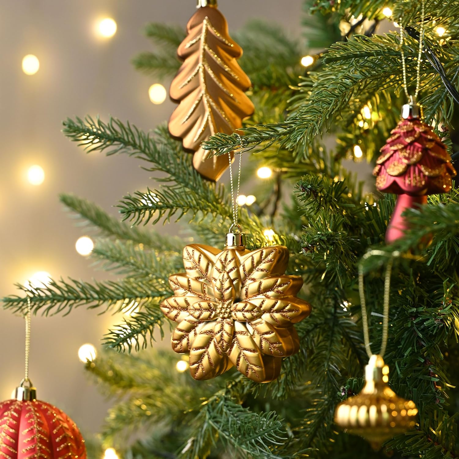 Christmas Ornaments Set, 80ct Red and Brown Shatterproof Christmas Tree Decorations, Woodland Hanging Ball Ornaments