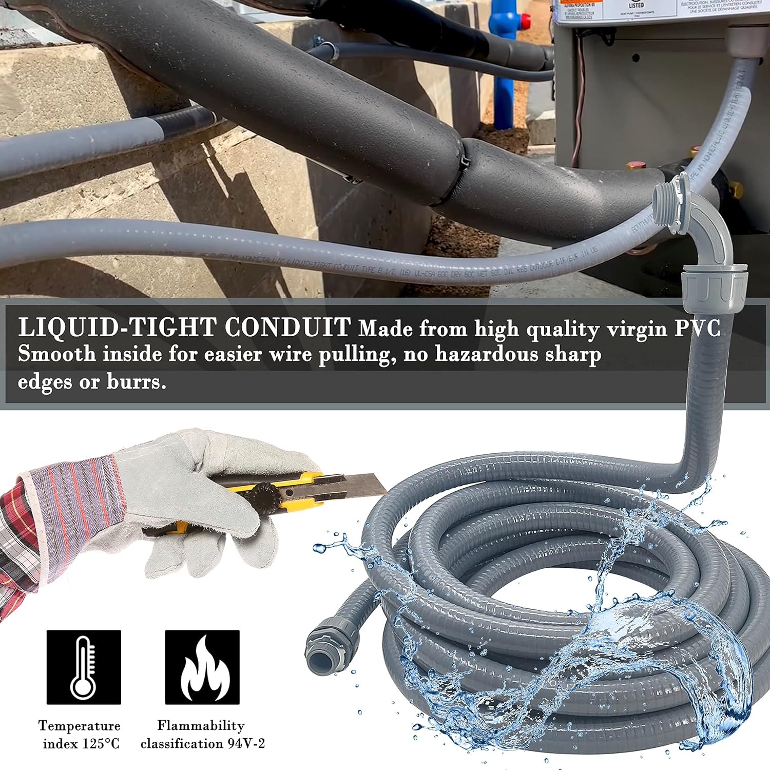 Liquid-Tight Conduit - 1/2inch 25 Foot Flexible Non Metallic Liquid Tight Electrical Conduit Kit, With 4 Straight and