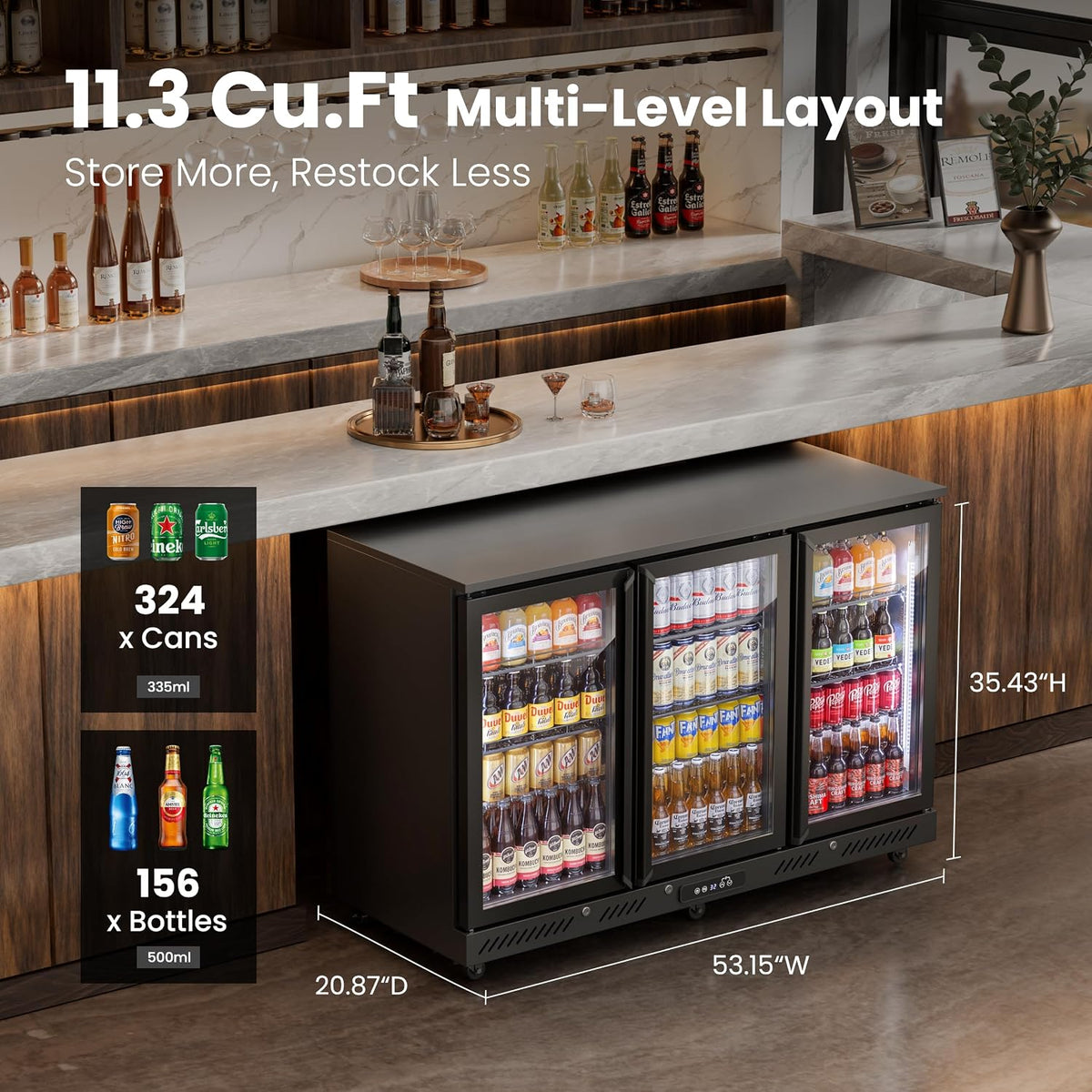 Back Bar Cooler, 11.3 Cu.Ft Commercial Refrigerator with Low-E Glass