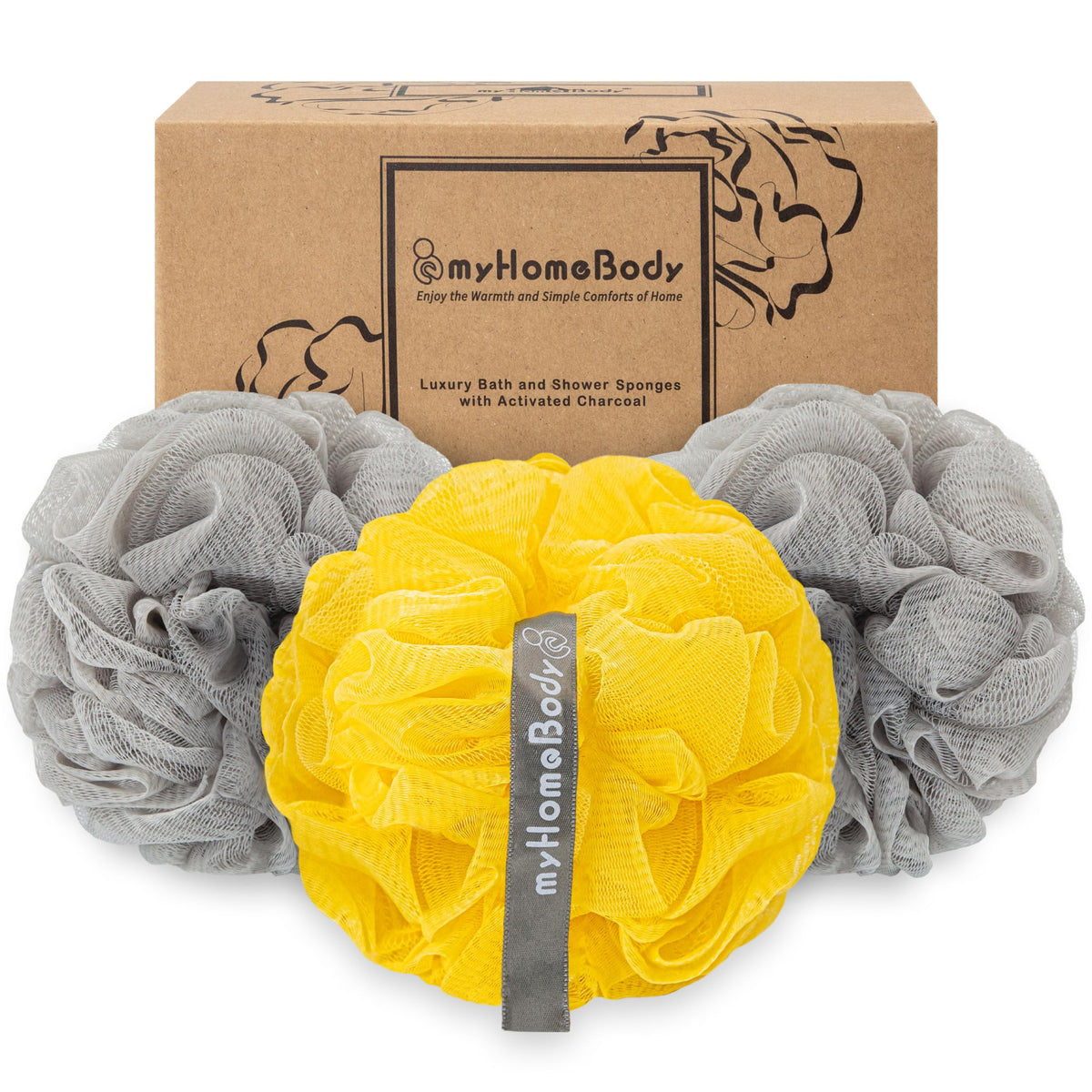 Large 70g Loofah Sponge, 2 Gray + 1 Illuminating Yellow, 3 Pack