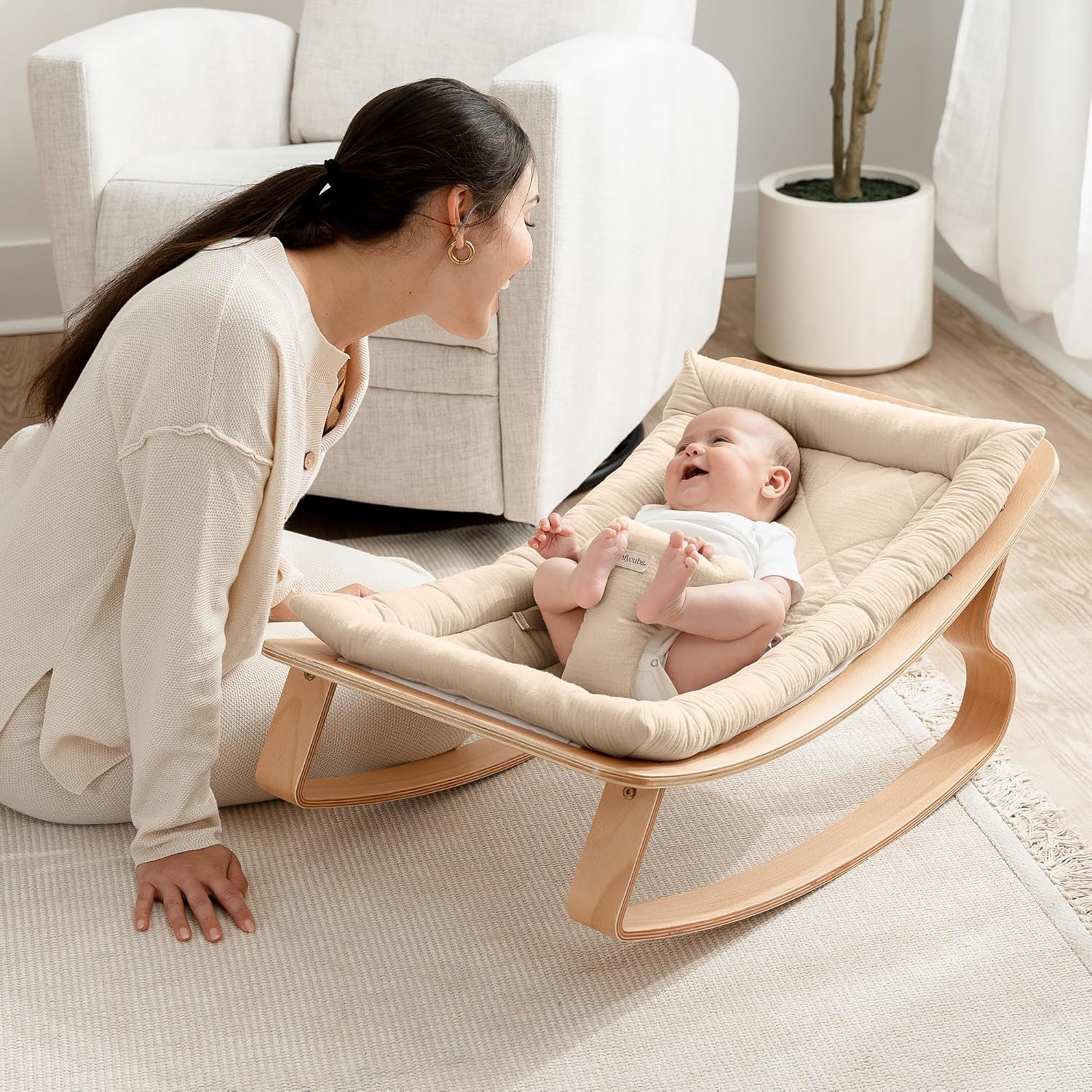 Baby Rocker for Ages 0-24 Months - Wooden Baby Recliner with Soft Removable Quilted Muslin Cotton Cushion - Designed
