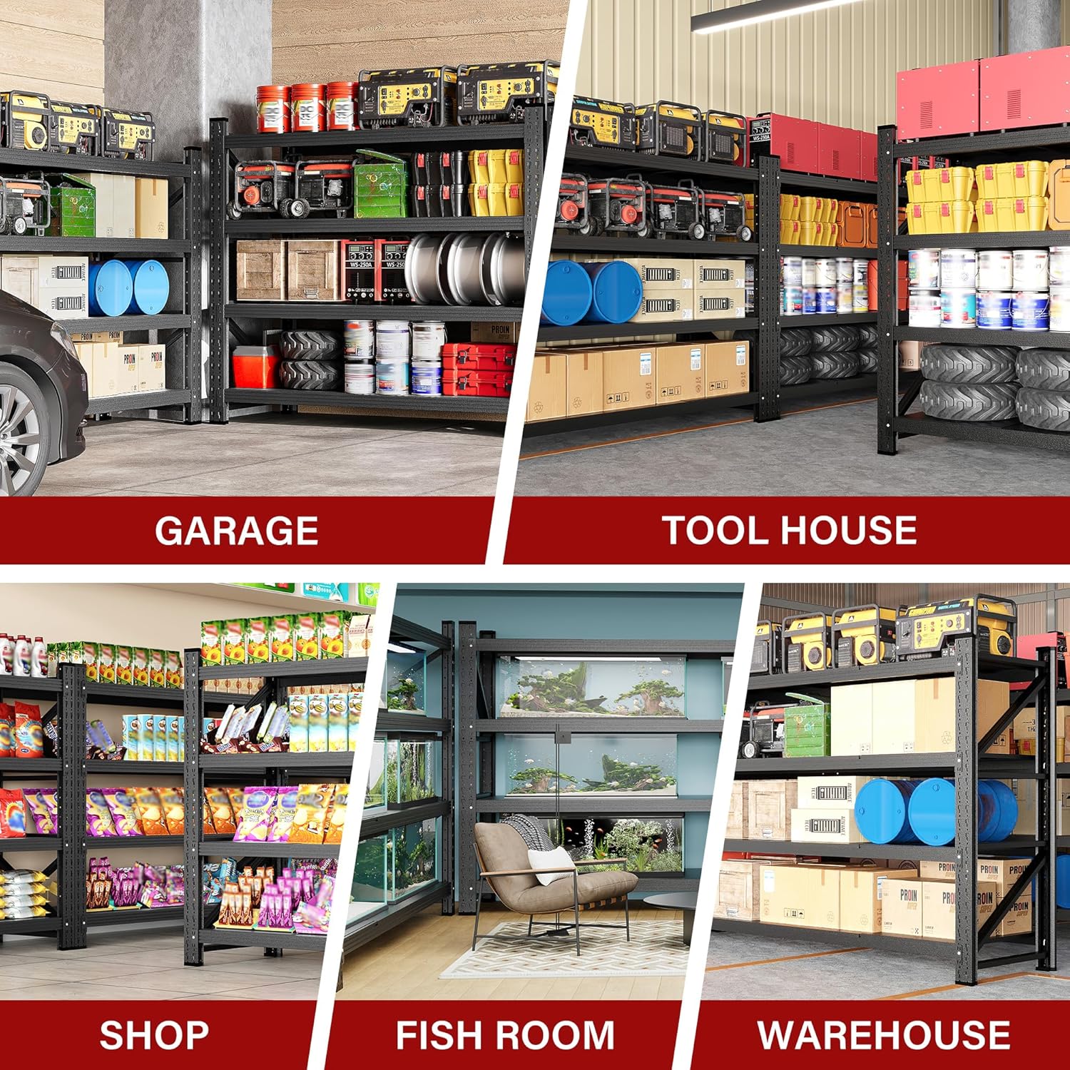 71.3" Wide Heavy Duty Garage Shelving Units,5000LBS Deep Storage Shelves,Black Metal Garage Shelves,Steel Shelf,Large