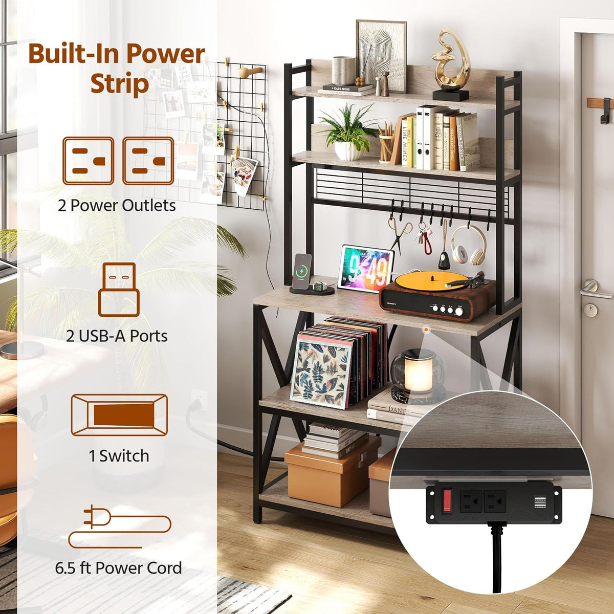 5-Tier Bakers Rack Coffee Bar with LED Lights & Power Outlet,Gray