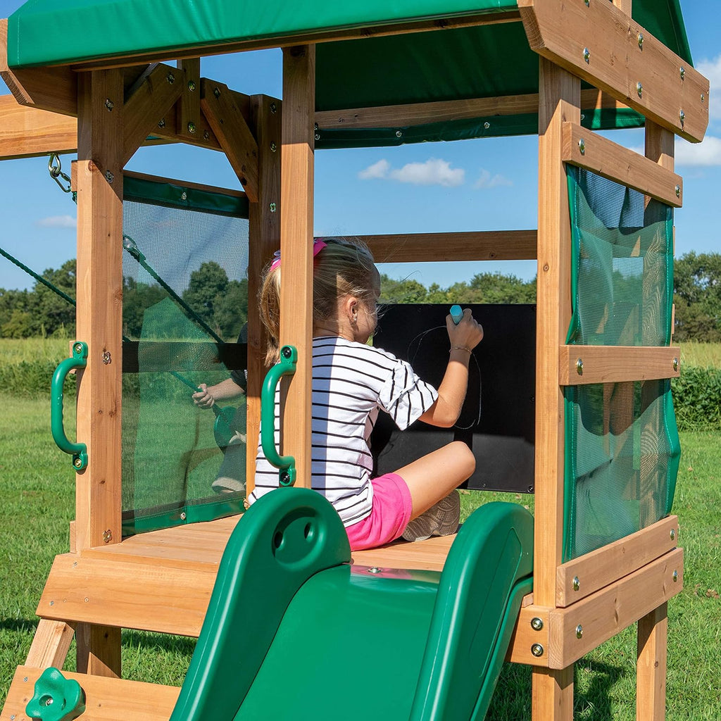 Buckley Hill Cedar Wood Swing Set with Wave Slide, Play Deck, Rock Wall Ladder, Belt Swings, Chalkboard, Canopy Roof