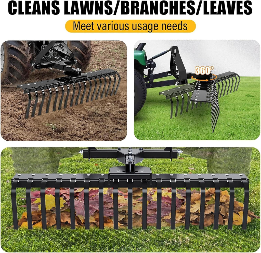 50In Landscape Rake Compatible with Category-0 Cat0 Tractor 3 Point & 5-Position Angle Adjustment for Garden, Farm