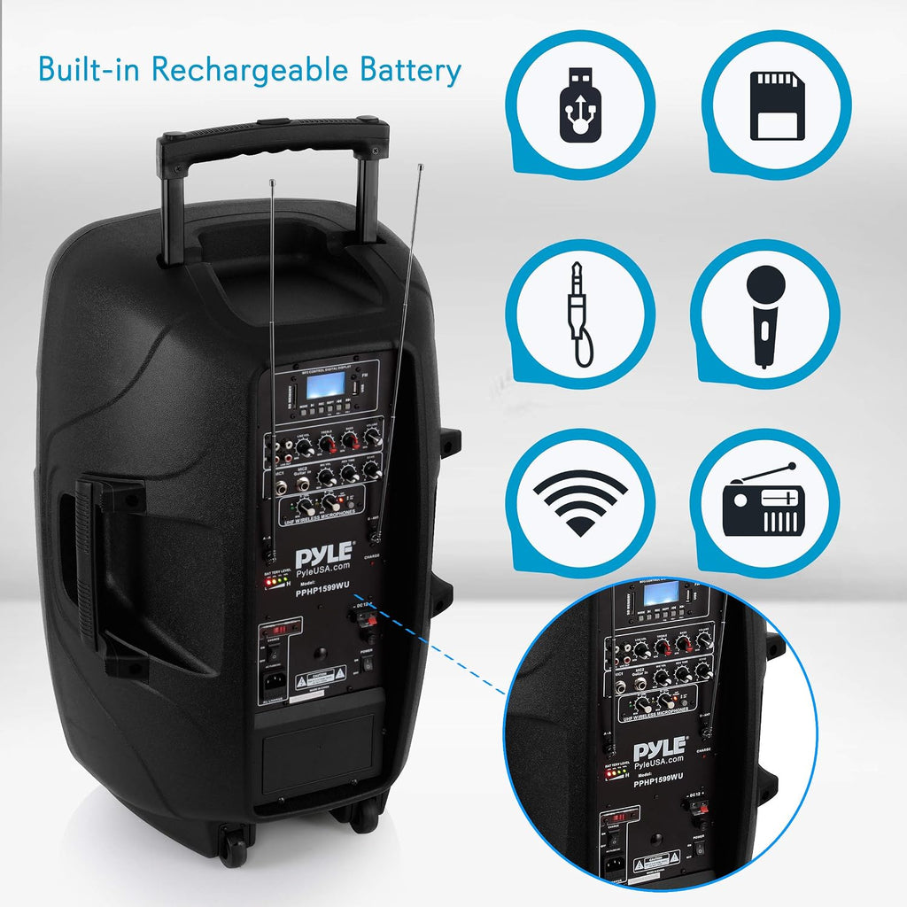 Karaoke Portable 15-inch PA Speaker System - 1600W Active Powered Bluetooth Compatible Speaker, Rechargeable Battery