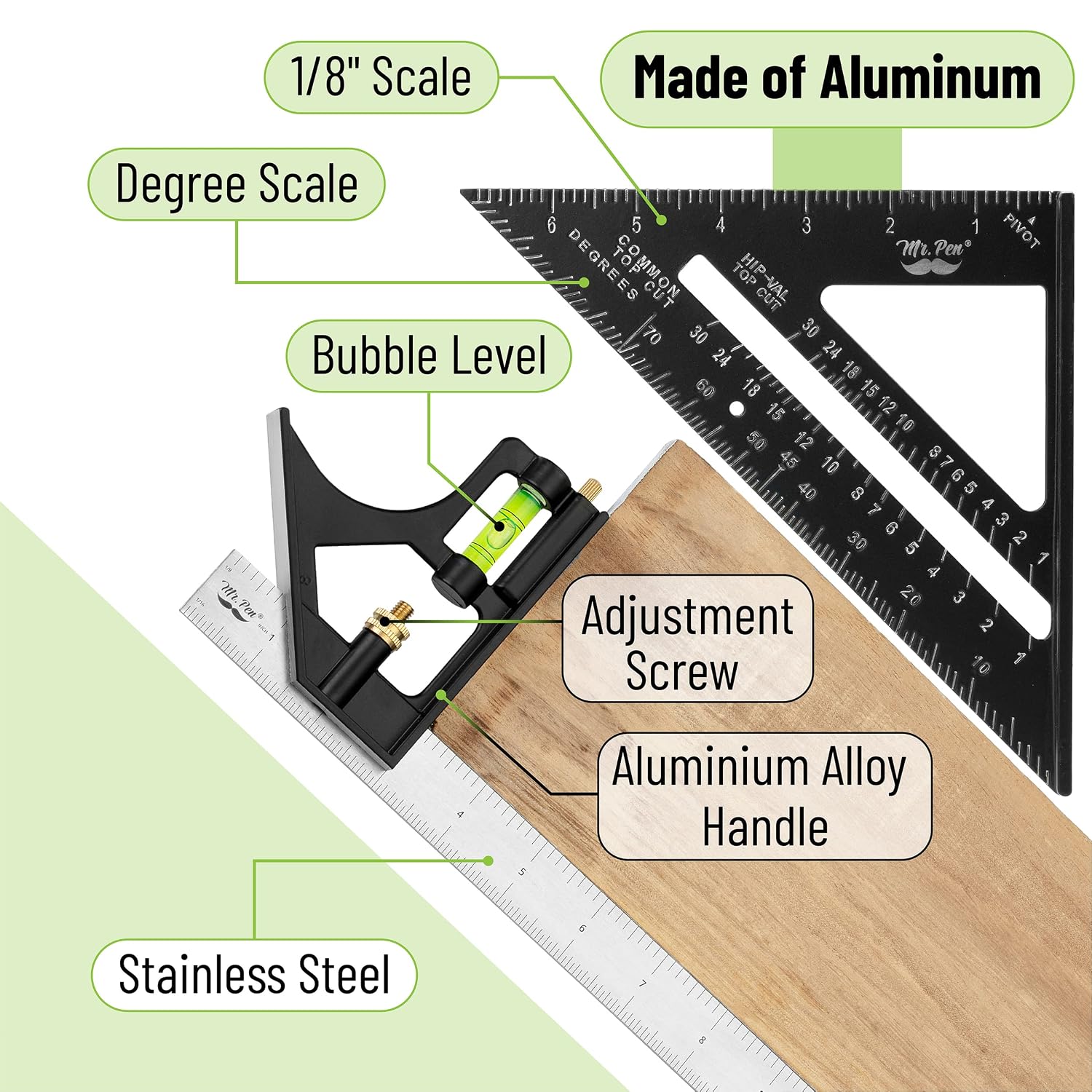 Rafter Square and Combination Square Tool Set, Black, 7" Square | 12" Aluminum Carpenter Square, Framing Square